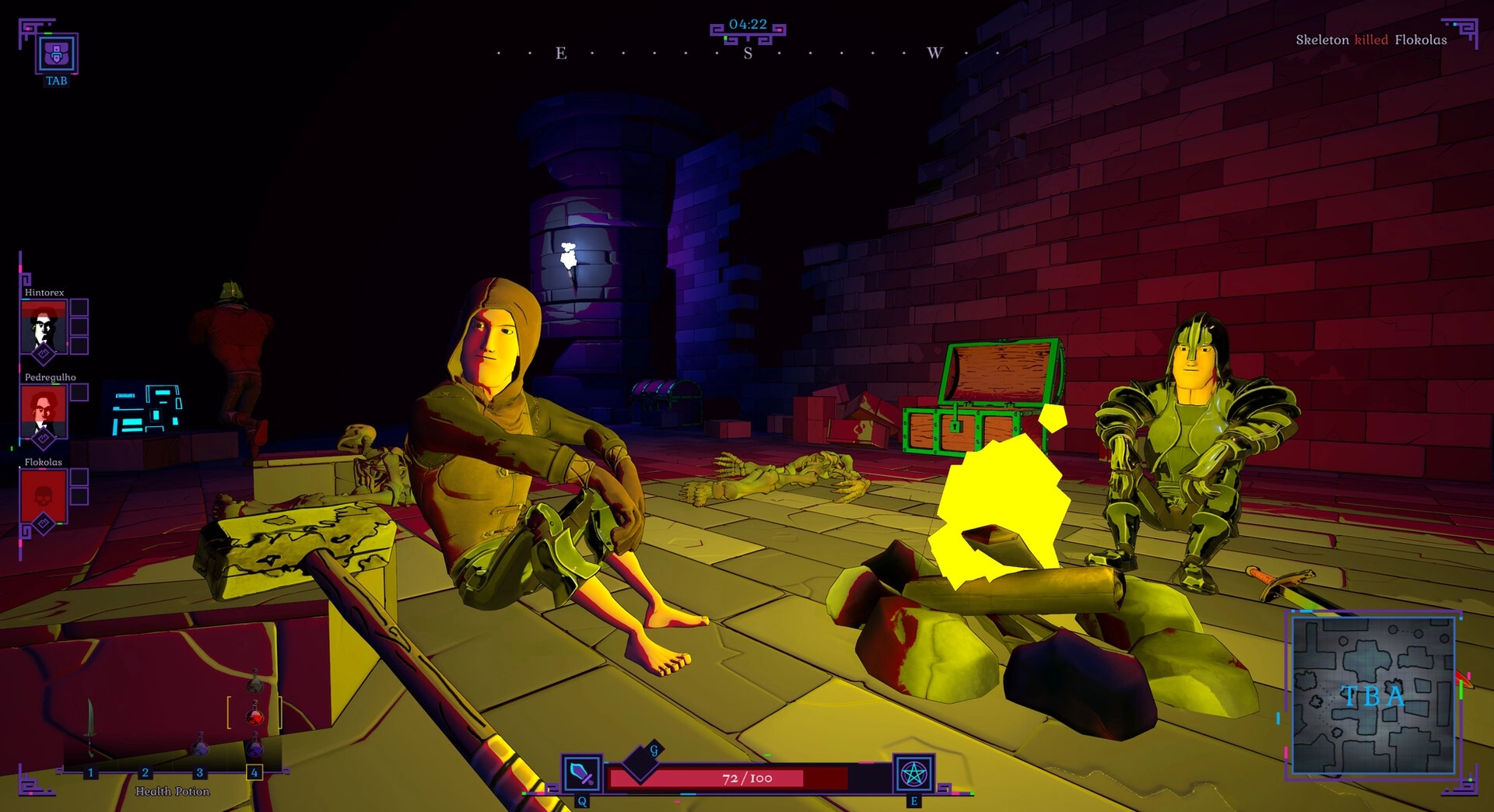 Shadows of Chroma Tower: Characters sitting by a campfire in a dungeon with loot and map UI visible