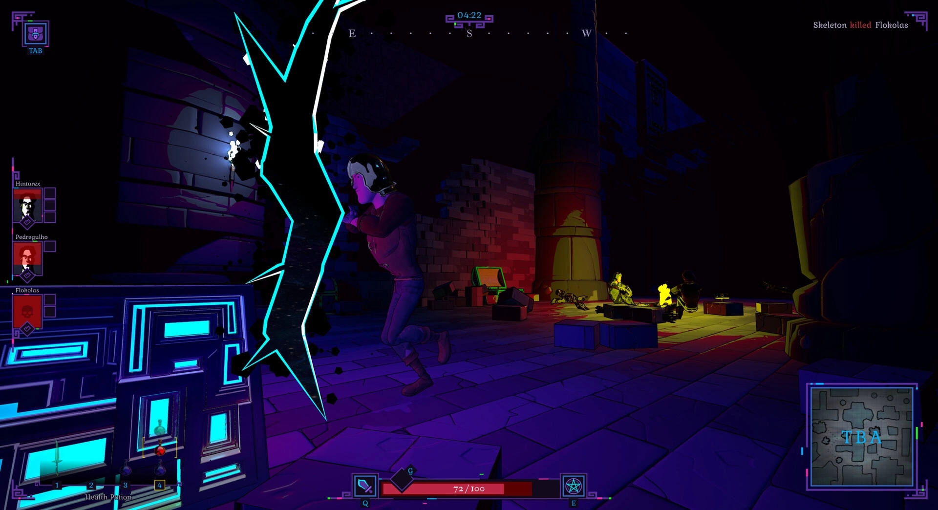 Shadows of Chroma Tower: Player Hintorex dodges a magical strike inside a dimly lit dungeon chamber.