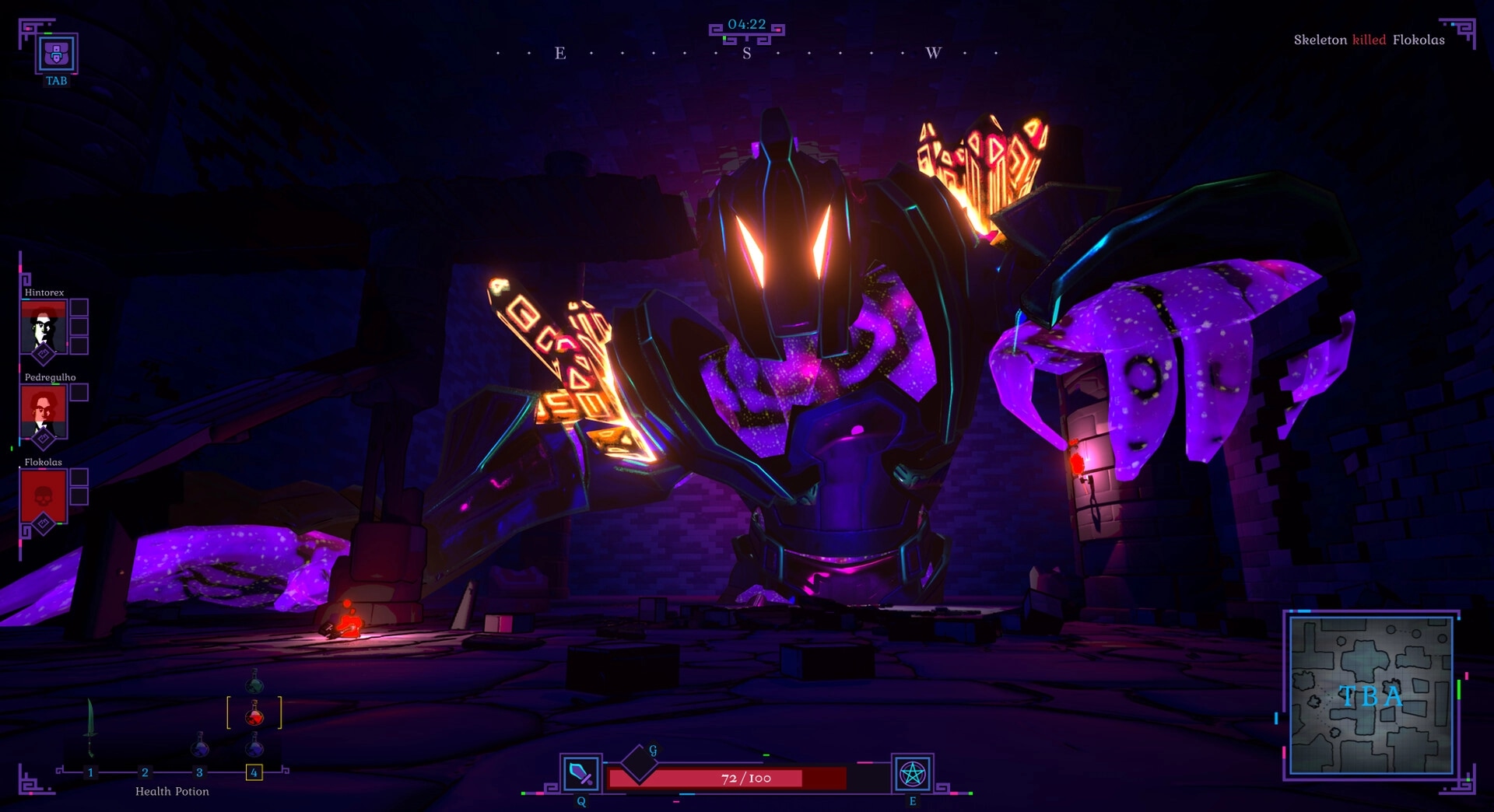 Shadows of Chroma Tower: Giant glowing golem enemy in dark dungeon with player health bar visible