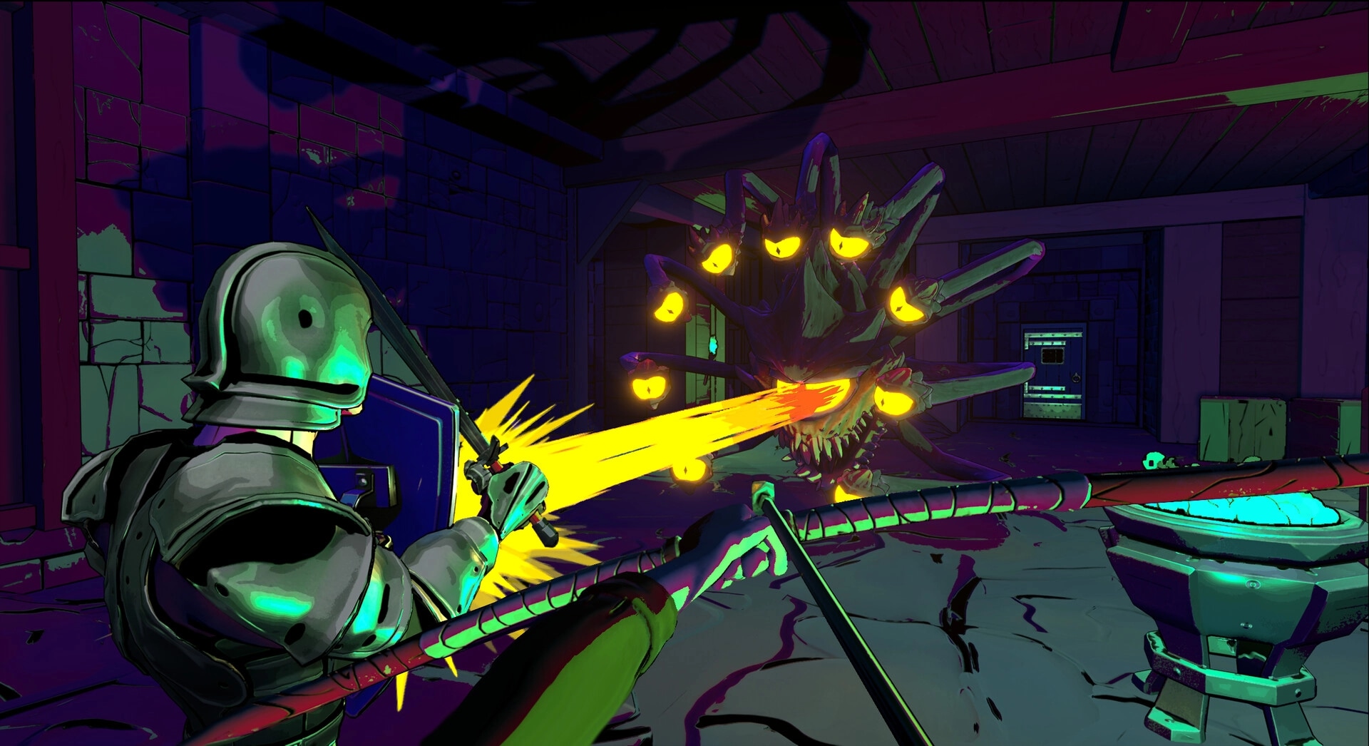 Shadows of Chroma Tower: Knight battles a multi-eyed monster in a dimly lit dungeon corridor.