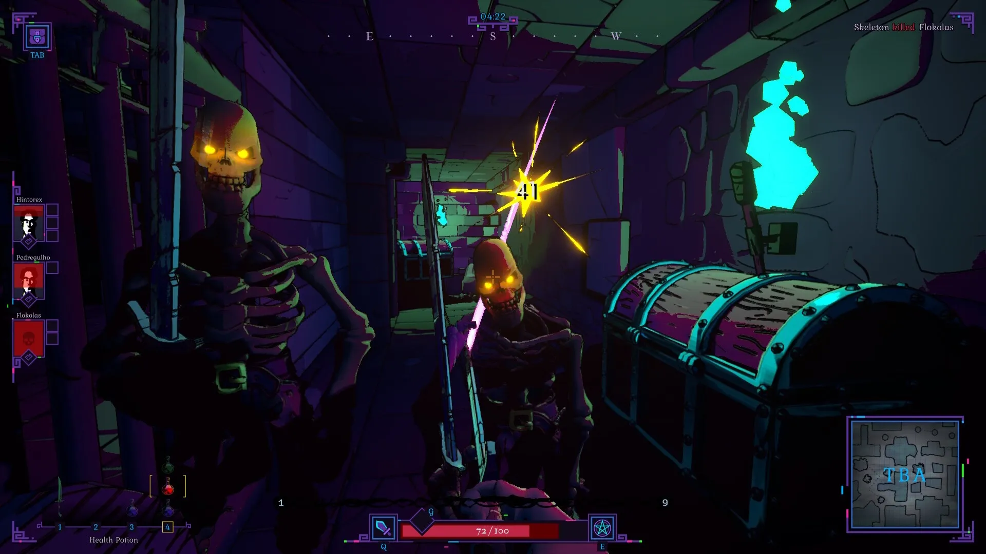 Shadows of Chroma Tower: Skeletons attack player in dark dungeon corridor with glowing chests nearby