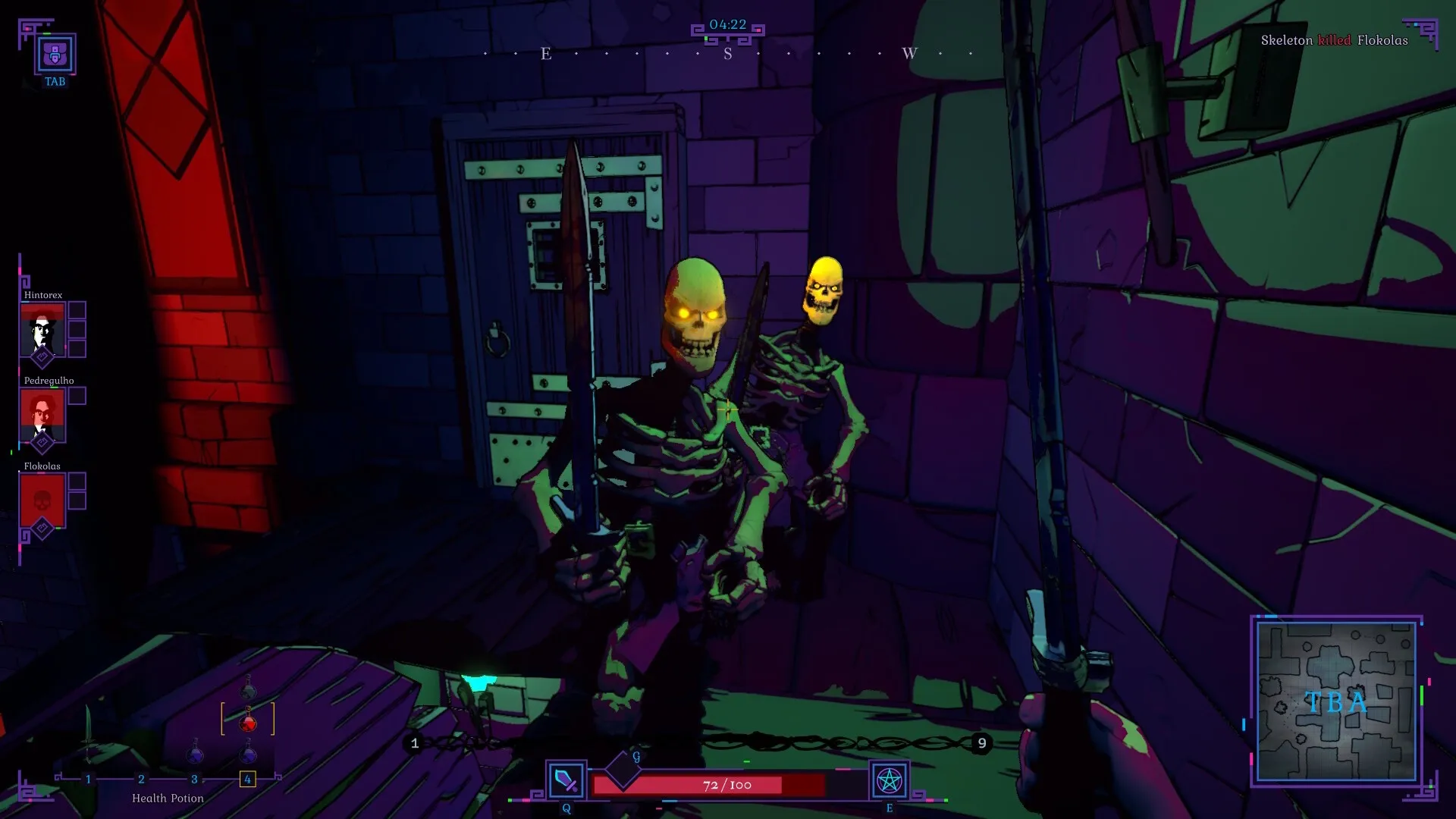 Shadows of Chroma Tower: First-person battle with glowing skeletons in a dark dungeon corridor