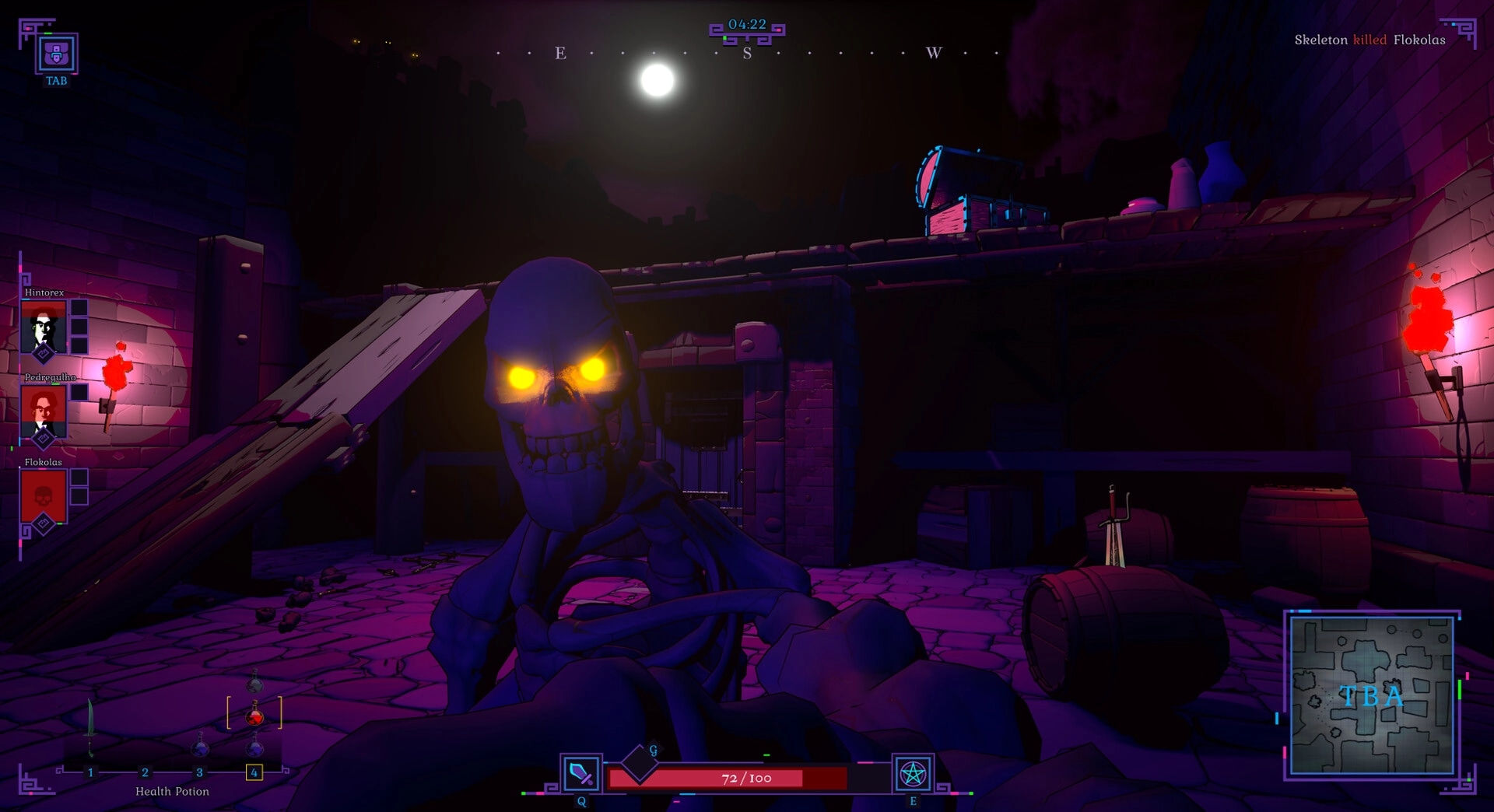 Shadows of Chroma Tower: Skeleton attack under moonlit sky with player health and map interface visible