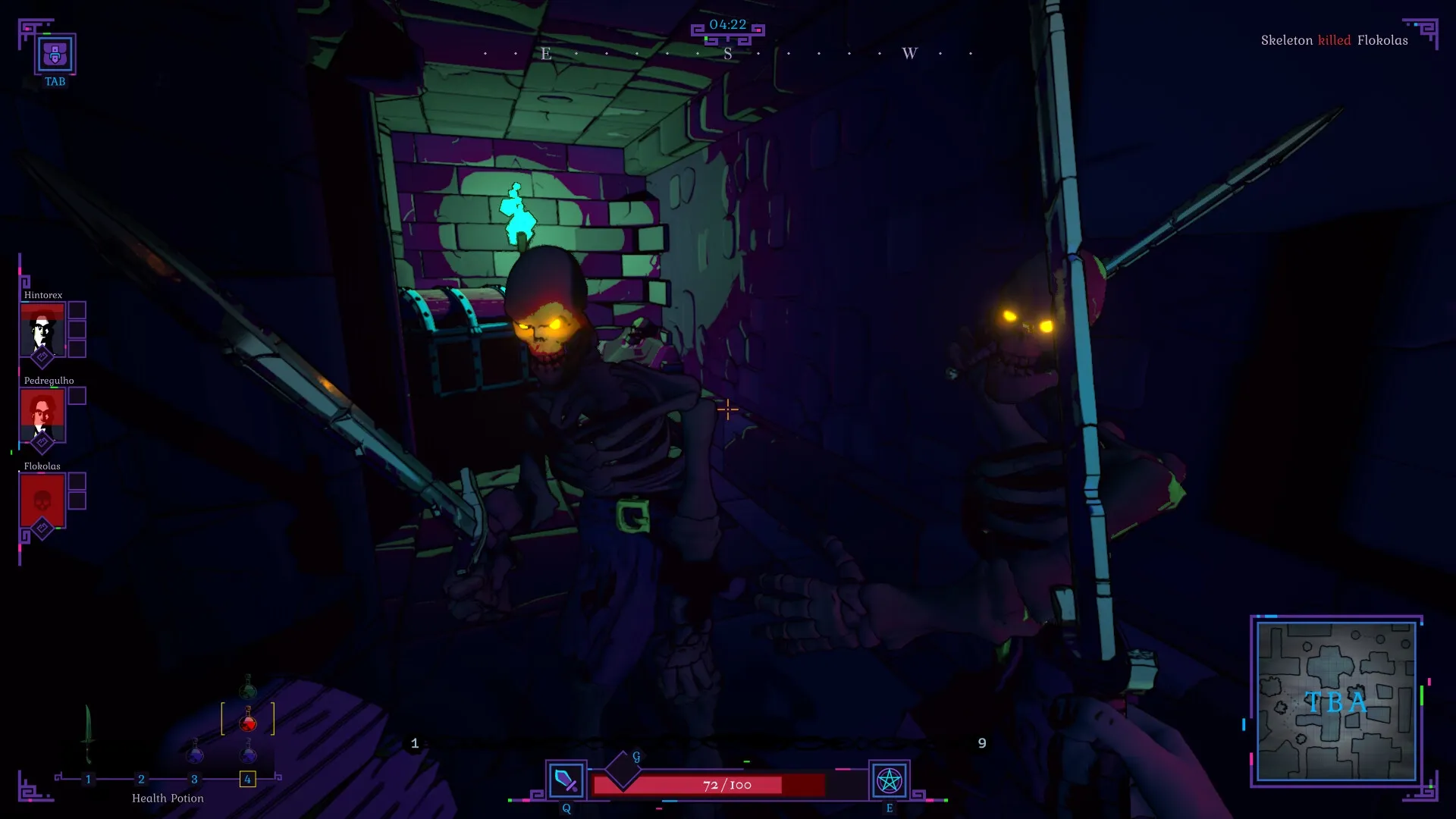 Shadows of Chroma Tower: Skeleton enemies in dark dungeon corridor with health and map UI elements visible.