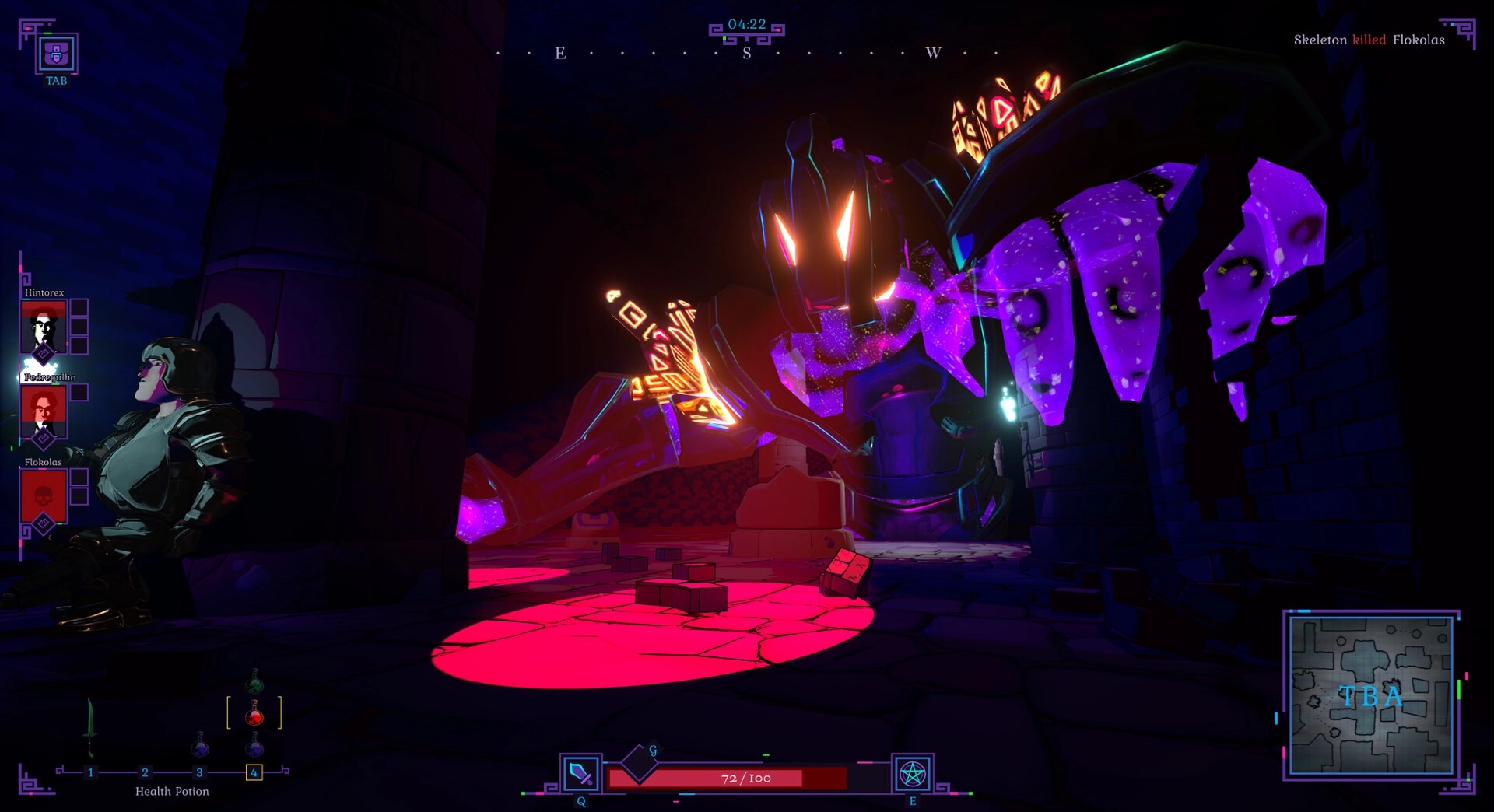 Shadows of Chroma Tower: Armored character hides from glowing enemy in dark dungeon corridor.