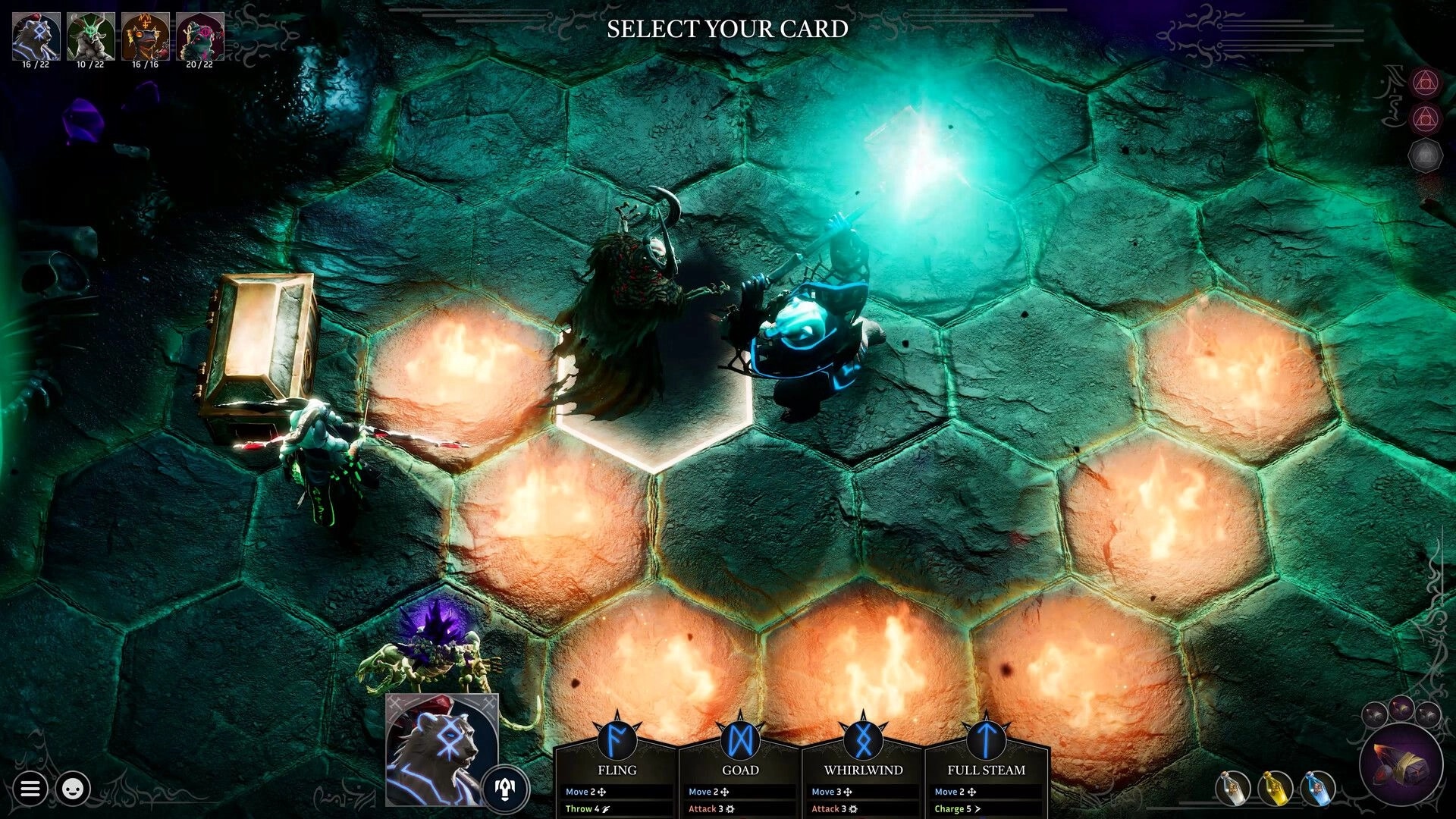 Shadowstone: Select your card combat UI on hex grid, heroes amid glowing fire tiles in dark cavern.