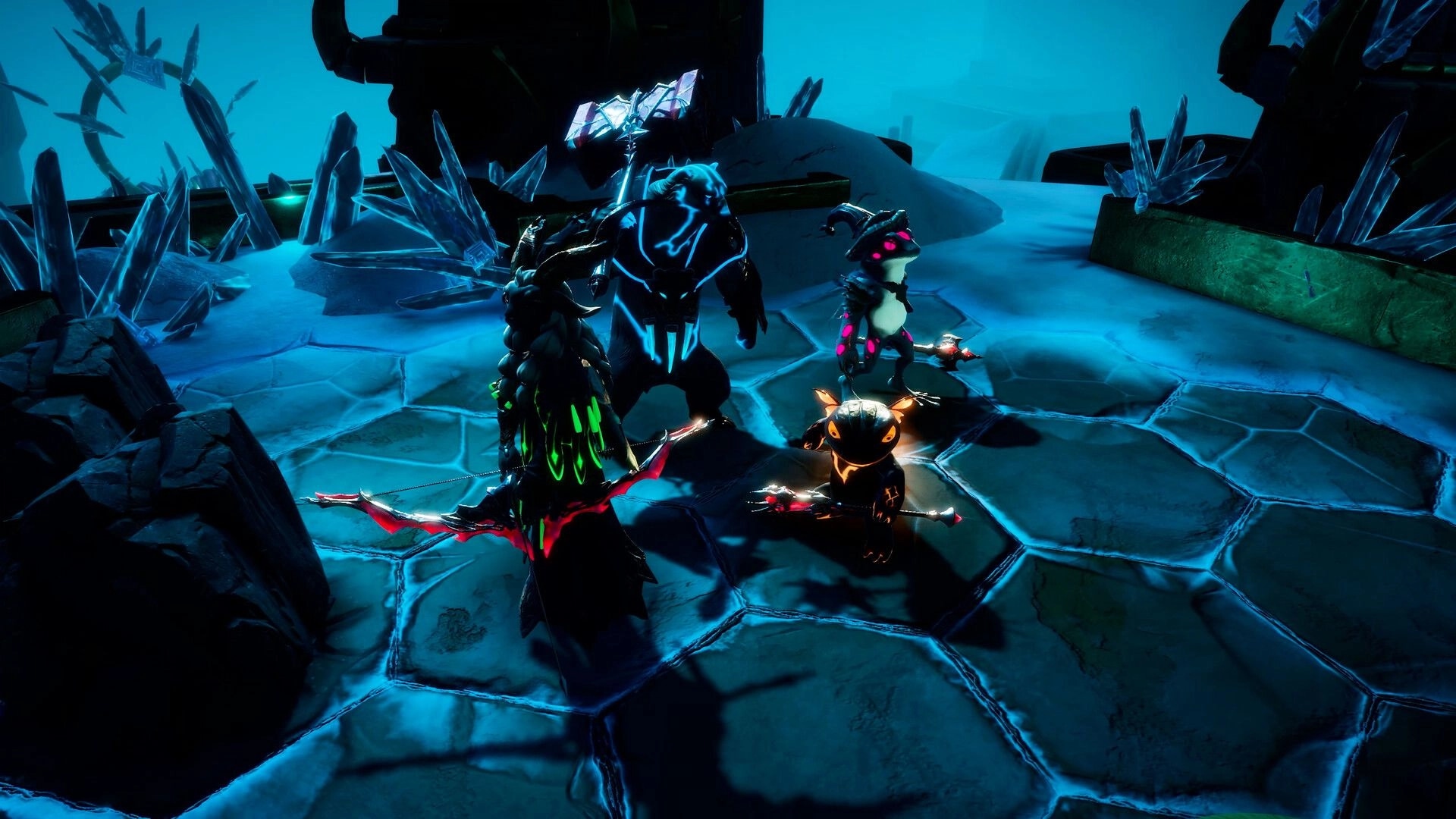 Shadowstone: Three glowing heroes stand ready with weapons on a hex-tiled platform amid blue crystals.