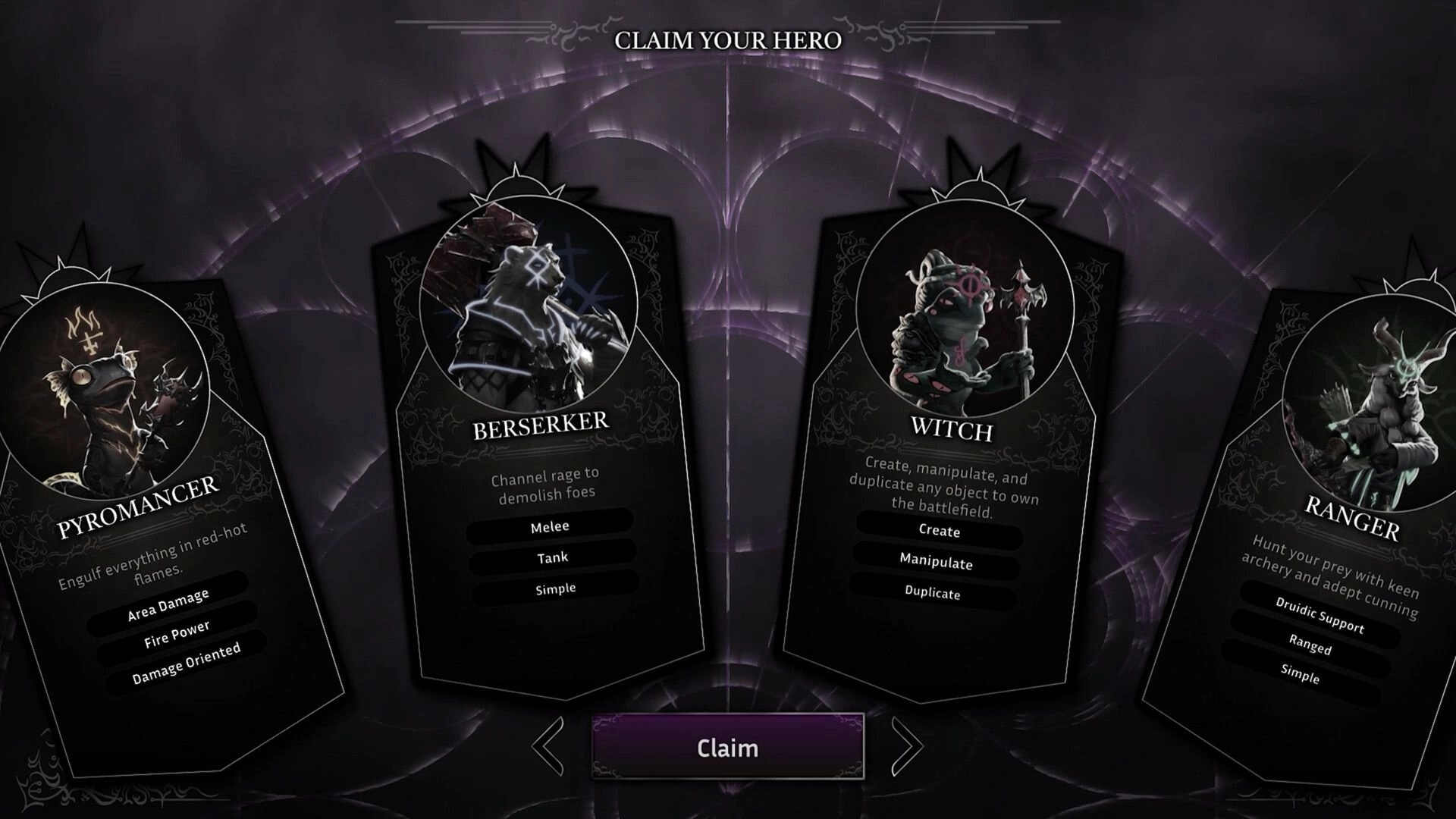 Shadowstone: Claim Your Hero class selection with Pyromancer, Berserker, Witch, Ranger cards UI menu.