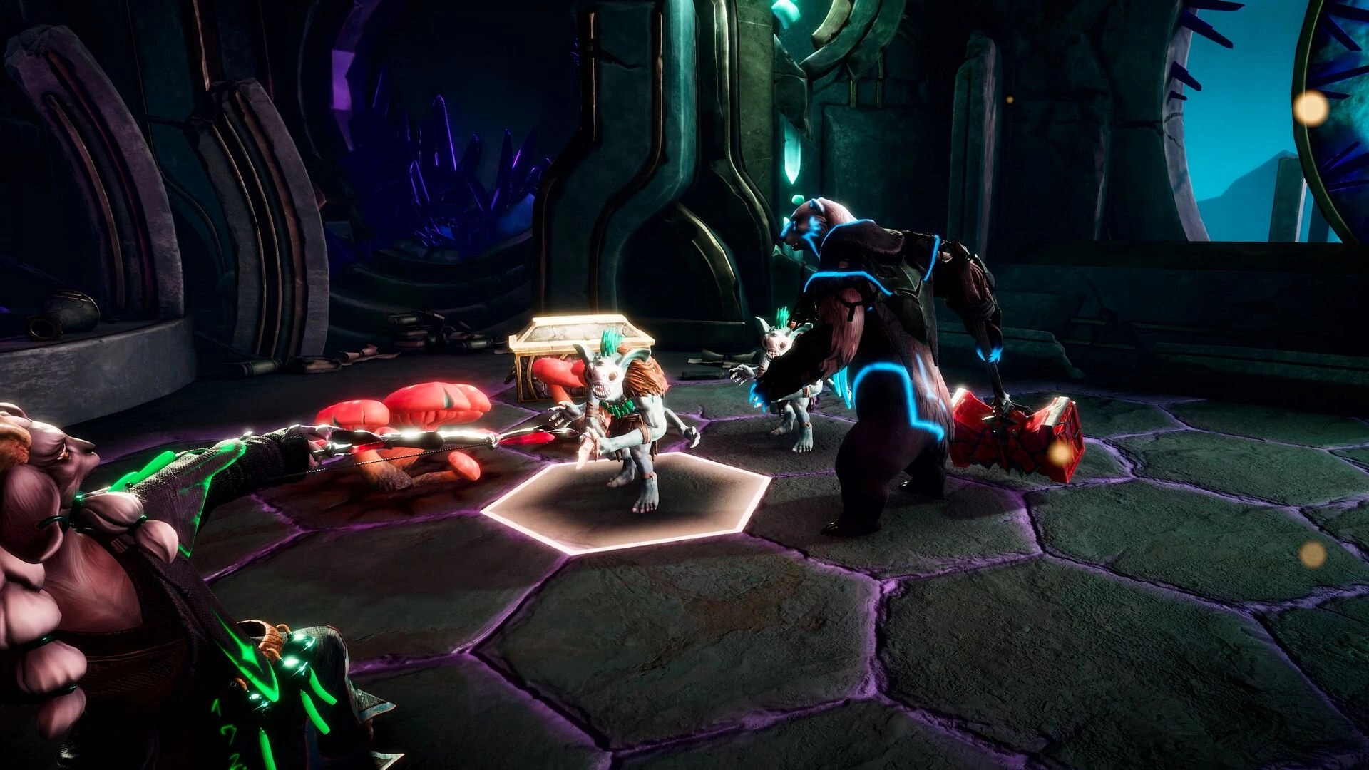 Shadowstone: Turn-based battle with heroes aiming at rat foes on hex tiles in a dark sci-fi chamber.