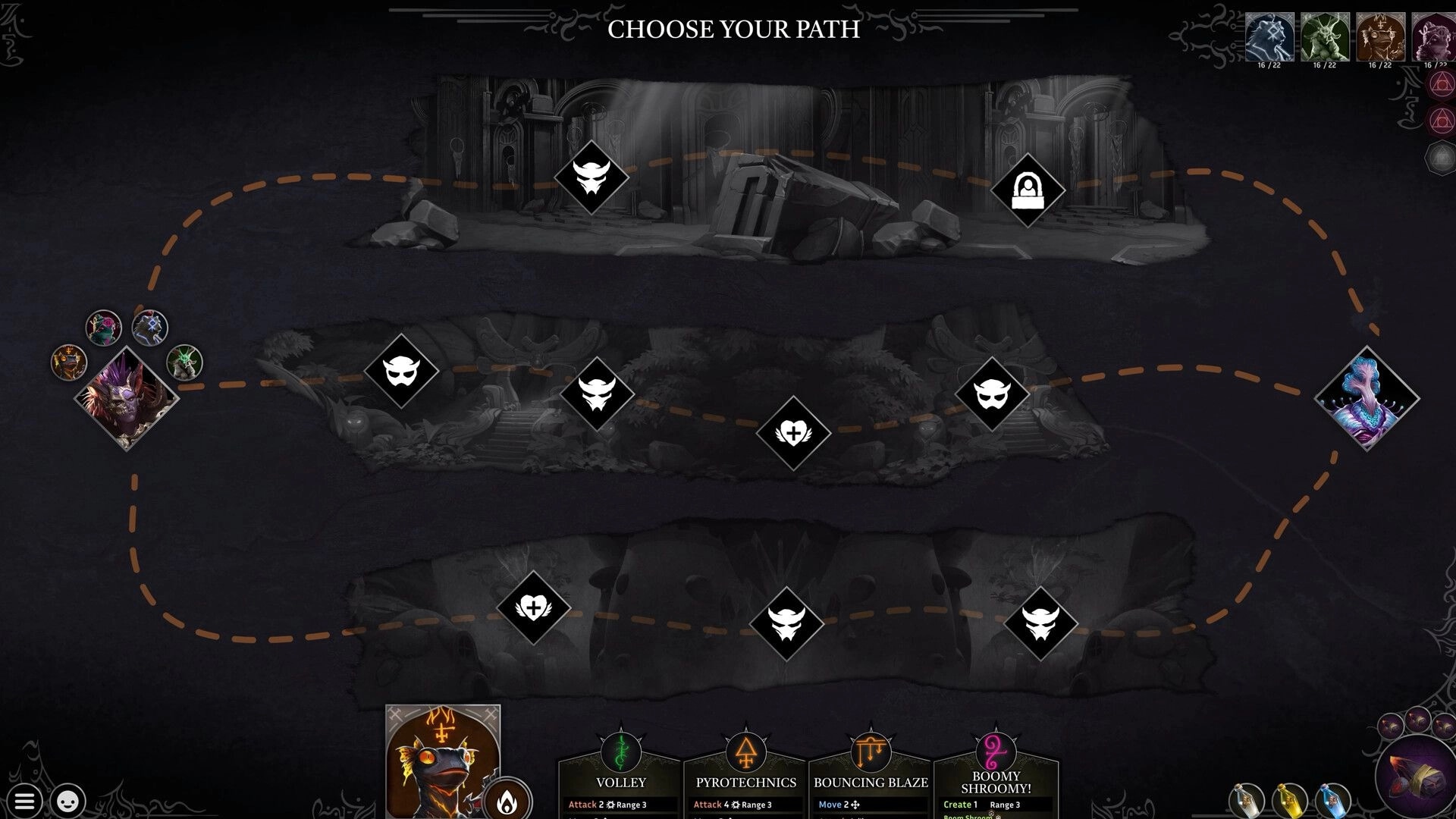 Shadowstone: Choose Your Path map with branching node icons and hero portraits on dark ruins backdrop.