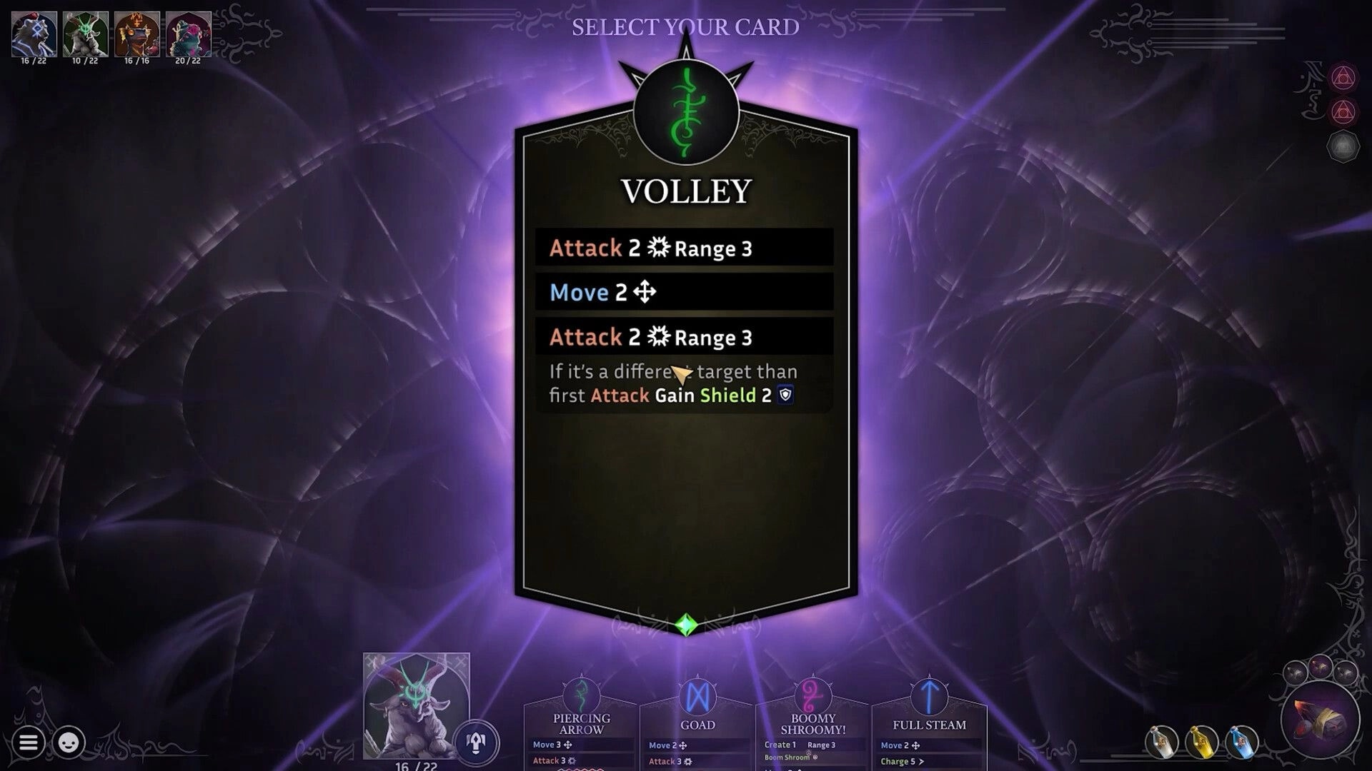 Shadowstone: Card selection UI highlighting Volley stats and effects over a purple swirling backdrop.