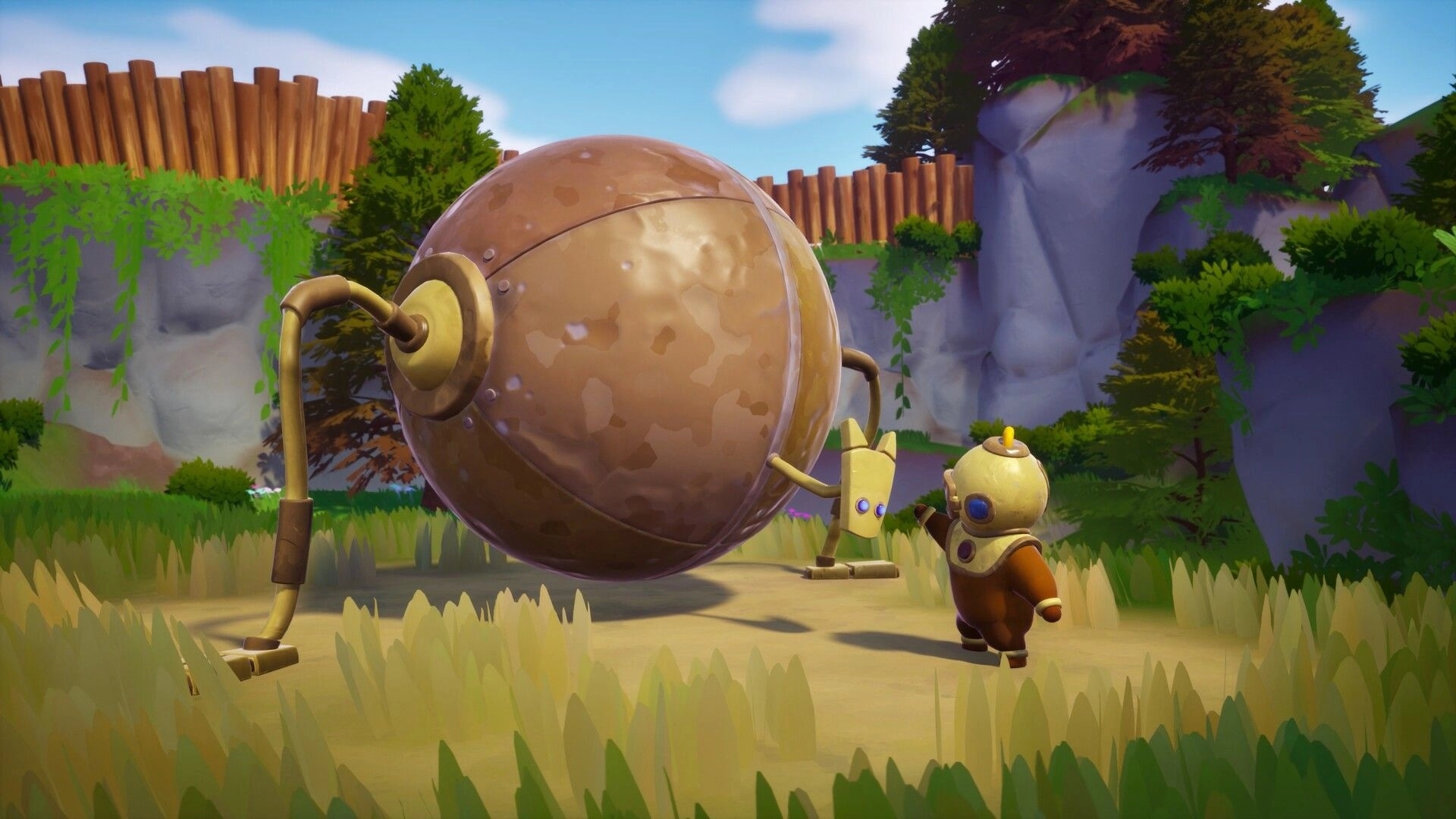 Shallow Pond: Ripples encounters a giant robot in a grassy area surrounded by cliffs and wooden fences.