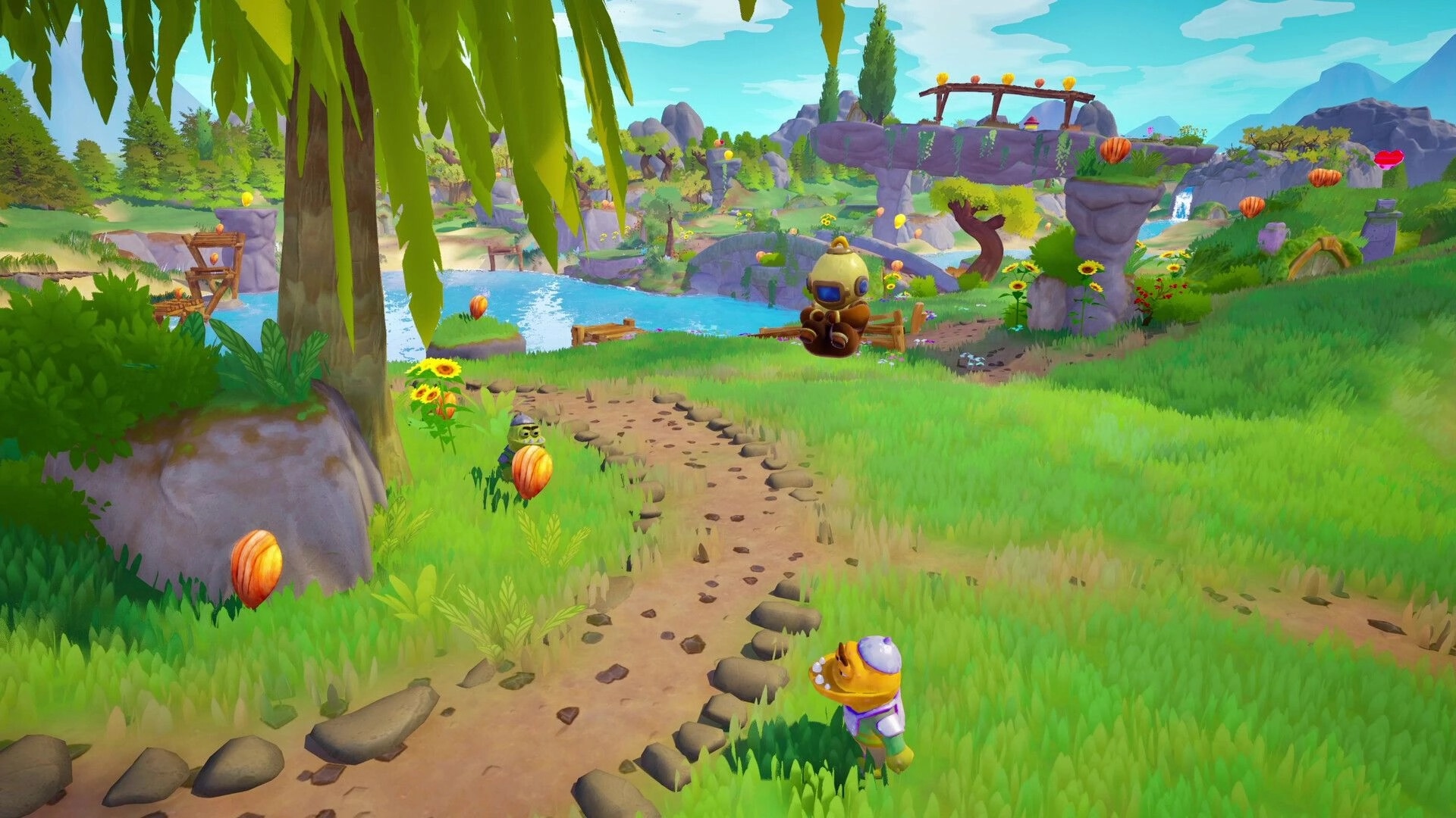 Shallow Pond: Ripples explores a vibrant grassy landscape with scattered collectibles and distant waterfall.
