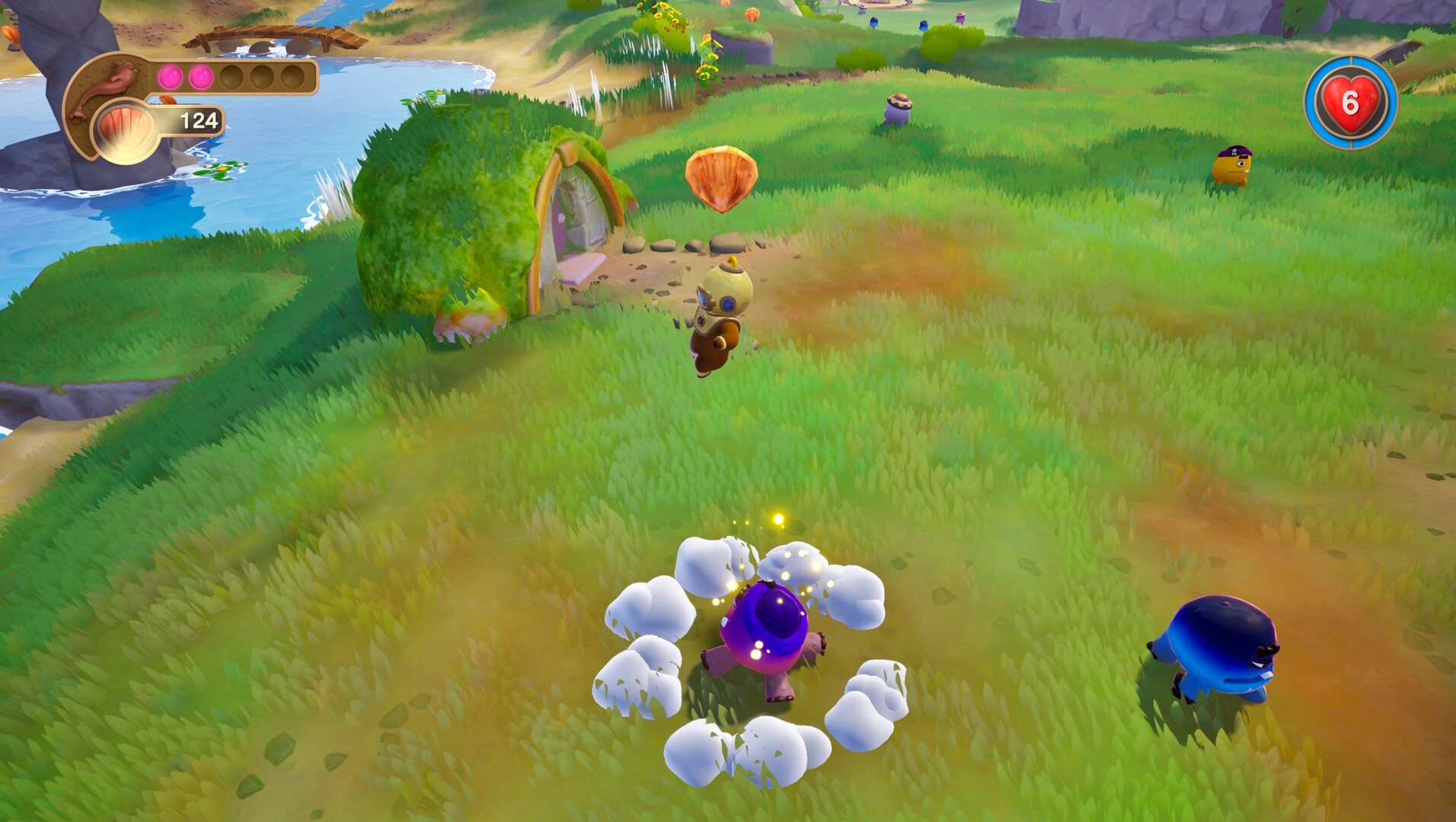 Shallow Pond: Ripples jumping to collect a shell over grassy field with enemies and health UI visible