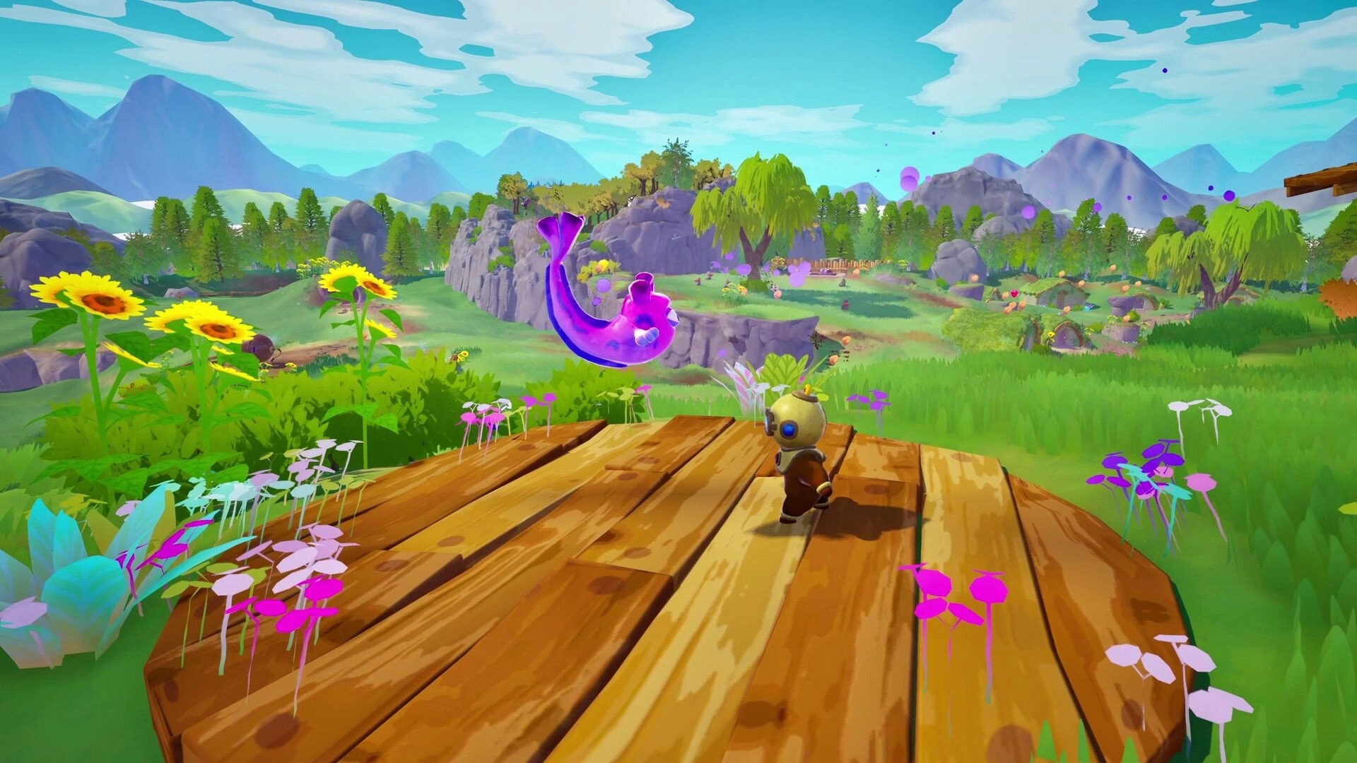 Shallow Pond: Ripples stands on a wooden platform, overlooking colorful fields and distant mountains.