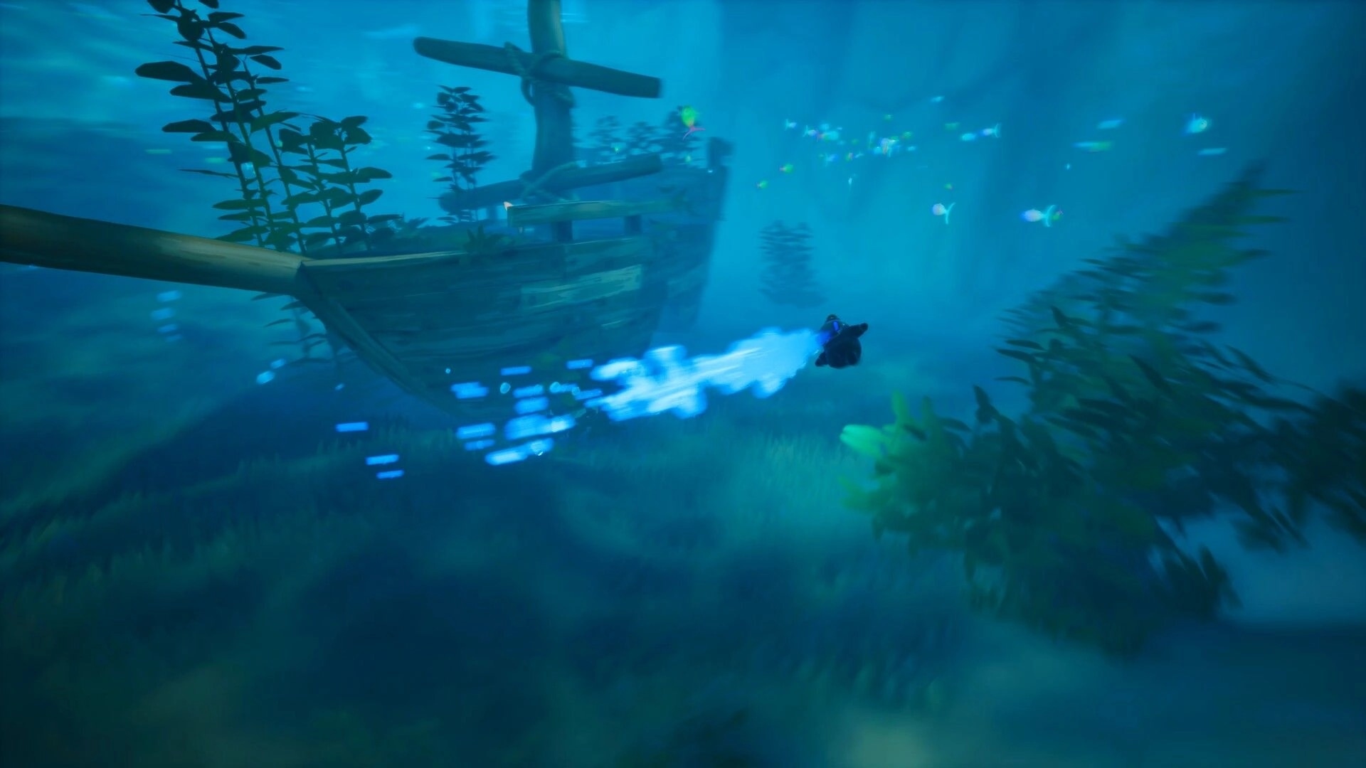 Shallow Pond: Ripples swims past a sunken ship in an underwater landscape with glowing blue trails