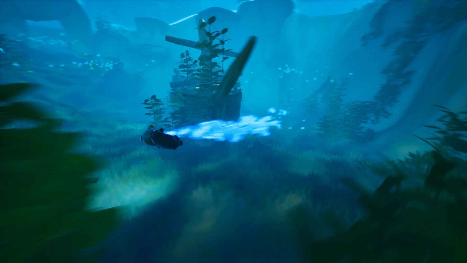 Shallow Pond: Ripples swimming swiftly through an underwater cavern surrounded by seaweed and ruins.