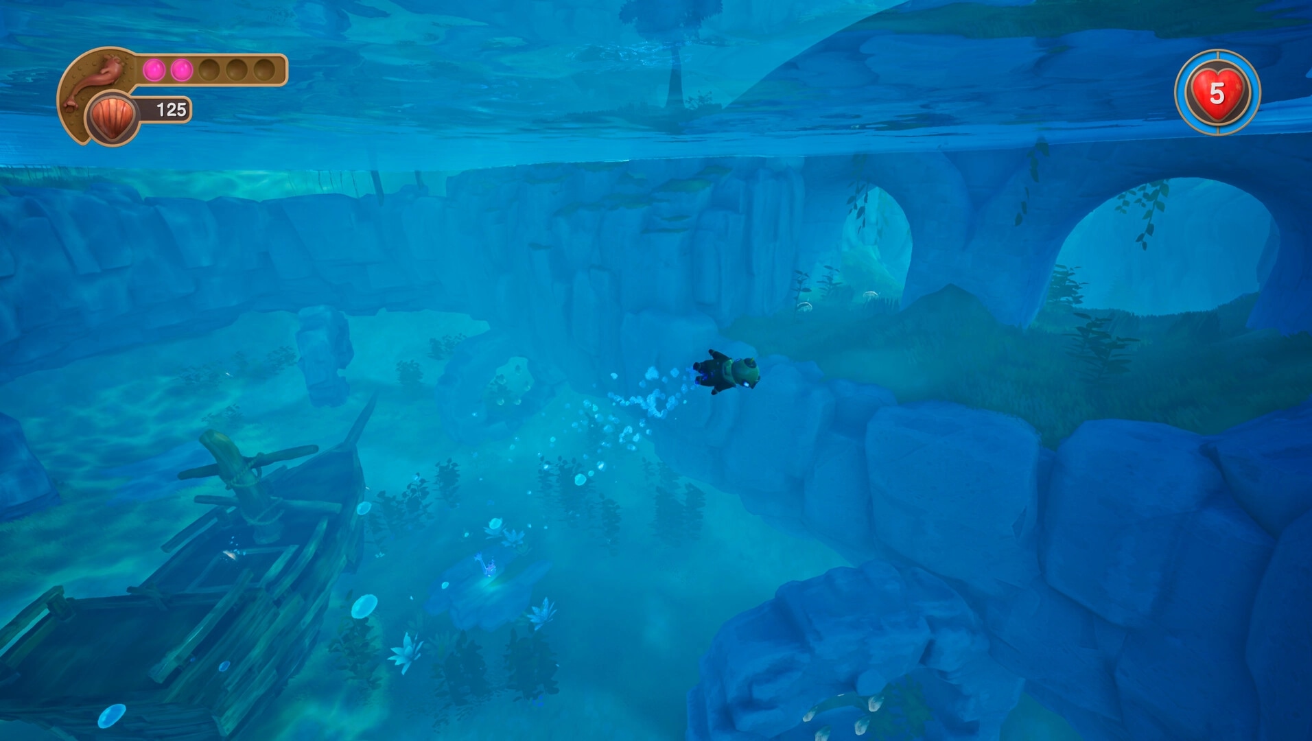Shallow Pond: Diver Ripples swims underwater through rocky archways with health and shell UI displayed
