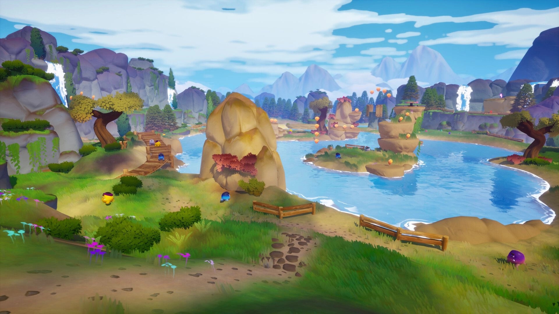 Shallow Pond: Ripples exploring a lush landscape with wooden paths and serene water surrounded by cliffs