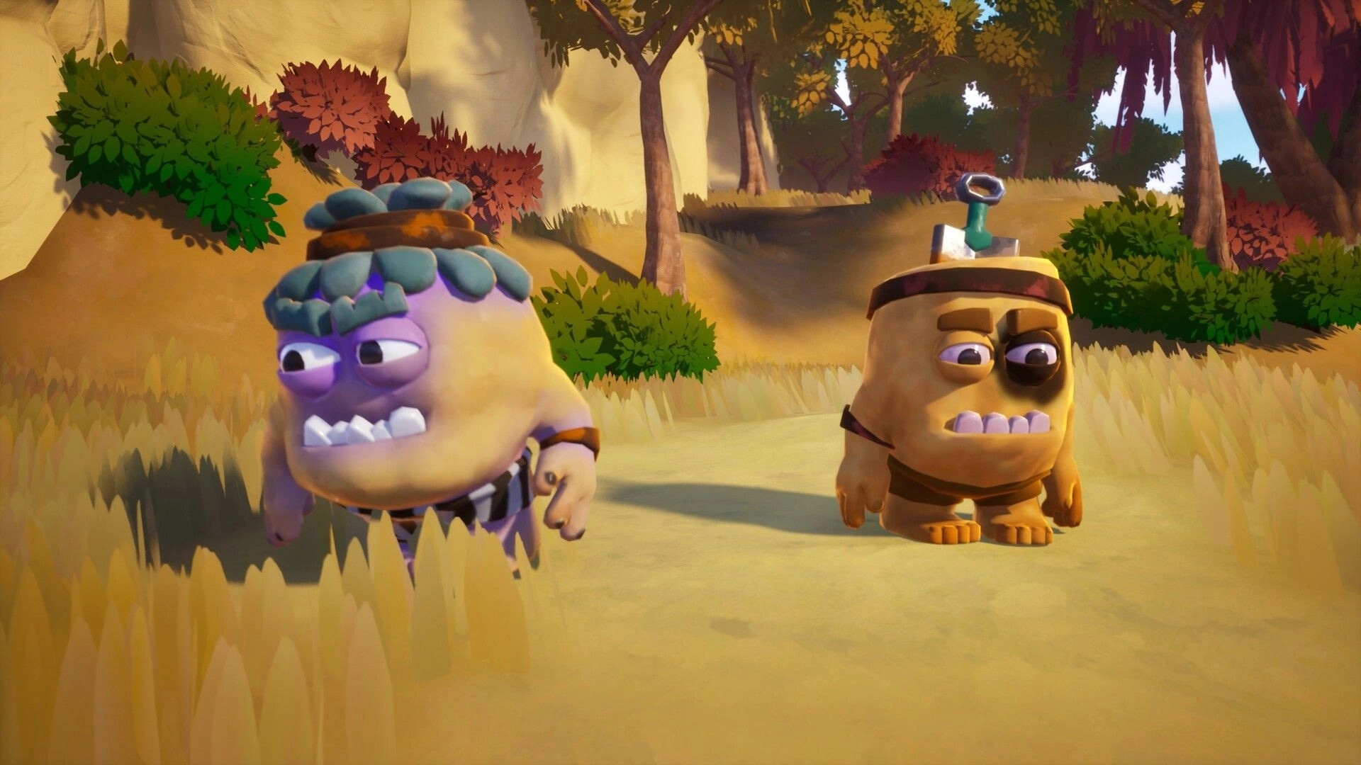 Shallow Pond: Two quirky creatures wandering a sunlit forest path with colorful foliage around them