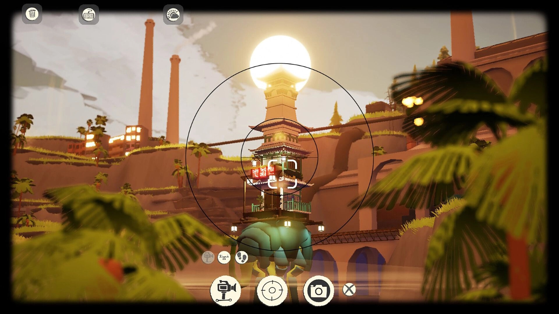 ShantyTown: Camera mode aiming at a stacked tower on an elephant statue in a canyon cityscape.