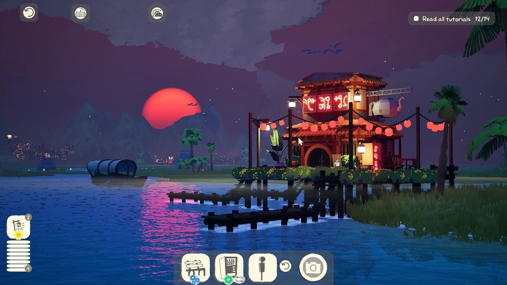 ShantyTown: Lantern-lit pier restaurant on stilts by calm water at sunset, build UI icons visible.