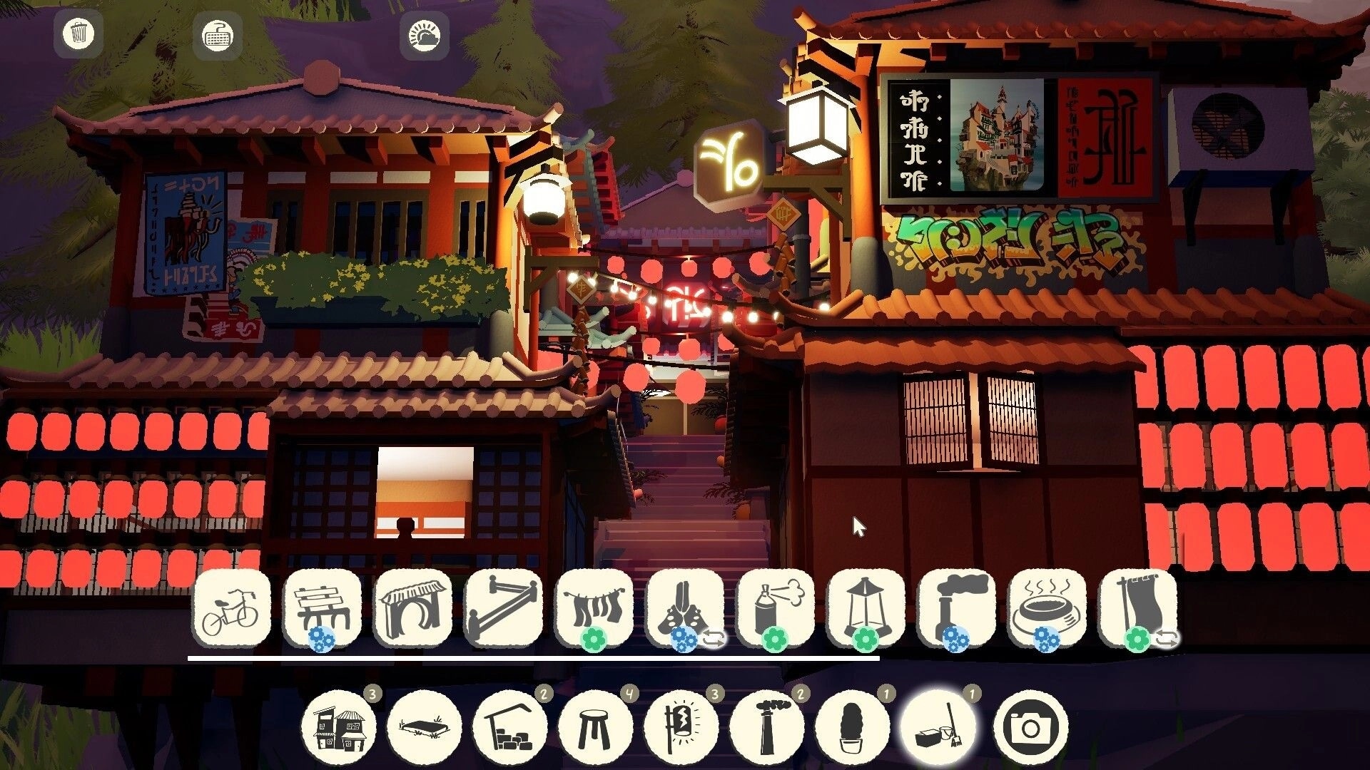 ShantyTown: Building placement toolbar over lantern-lit alley between pagoda rooftops and signs.