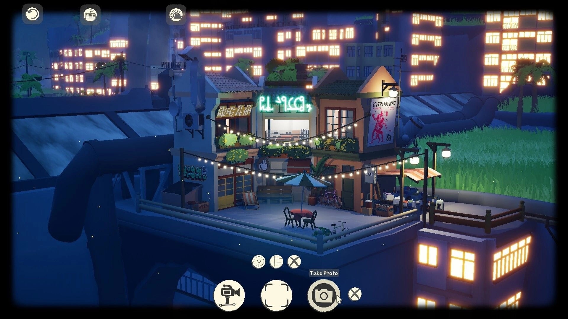ShantyTown: Photo mode view of rooftop cafe with string lights and neon sign in night city block.