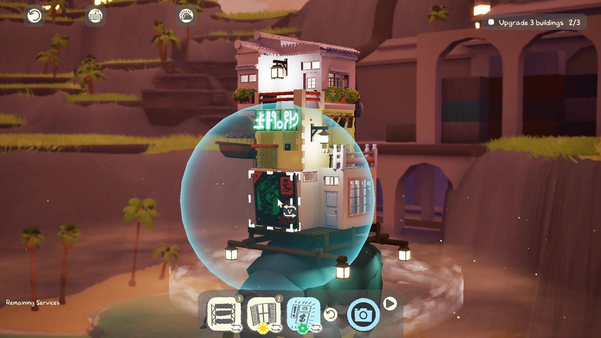 ShantyTown: Upgrading stacked cliffside building in a blue selection bubble with service icons below.