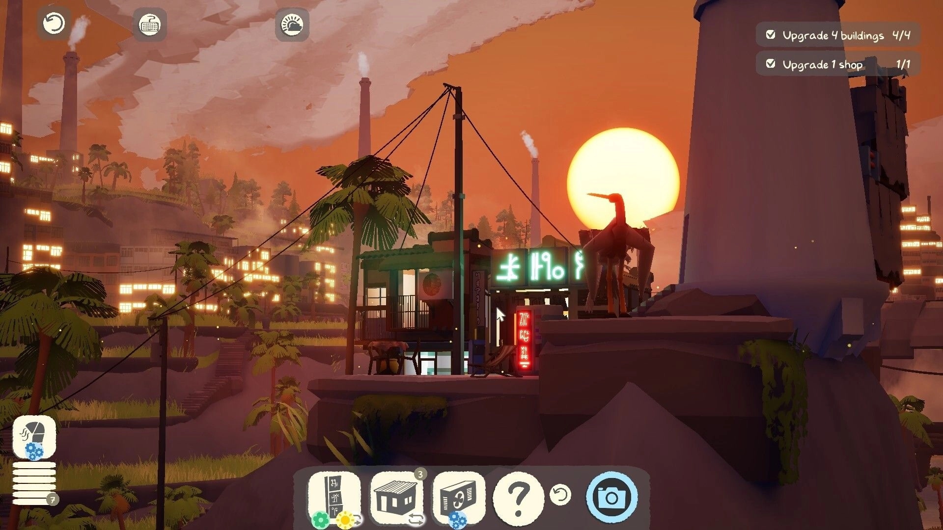 ShantyTown: Neon shop built on rocky hill at sunset, upgrade checklist and build toolbar visible.