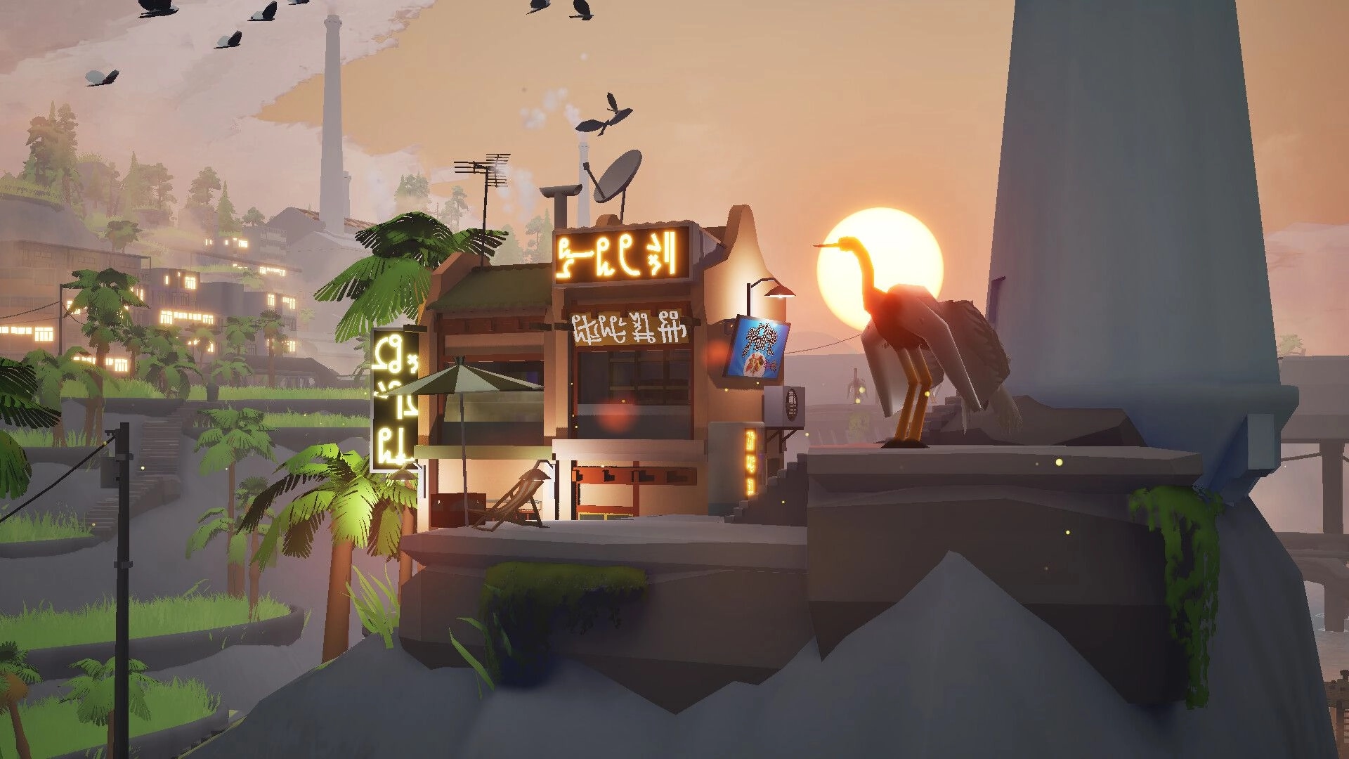 ShantyTown: Neon-lit hillside shop build at sunset with palms, birds, and a giant heron statue nearby.