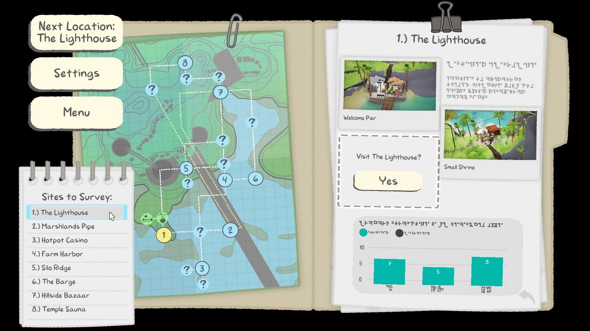 ShantyTown: Survey map UI selecting The Lighthouse location with routes, photos, and Yes button.