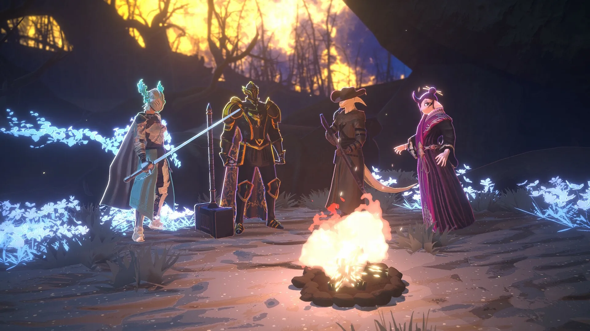 Shape of Dreams: Four heroes gather around a campfire in a mystical forest illuminated by glowing plants.