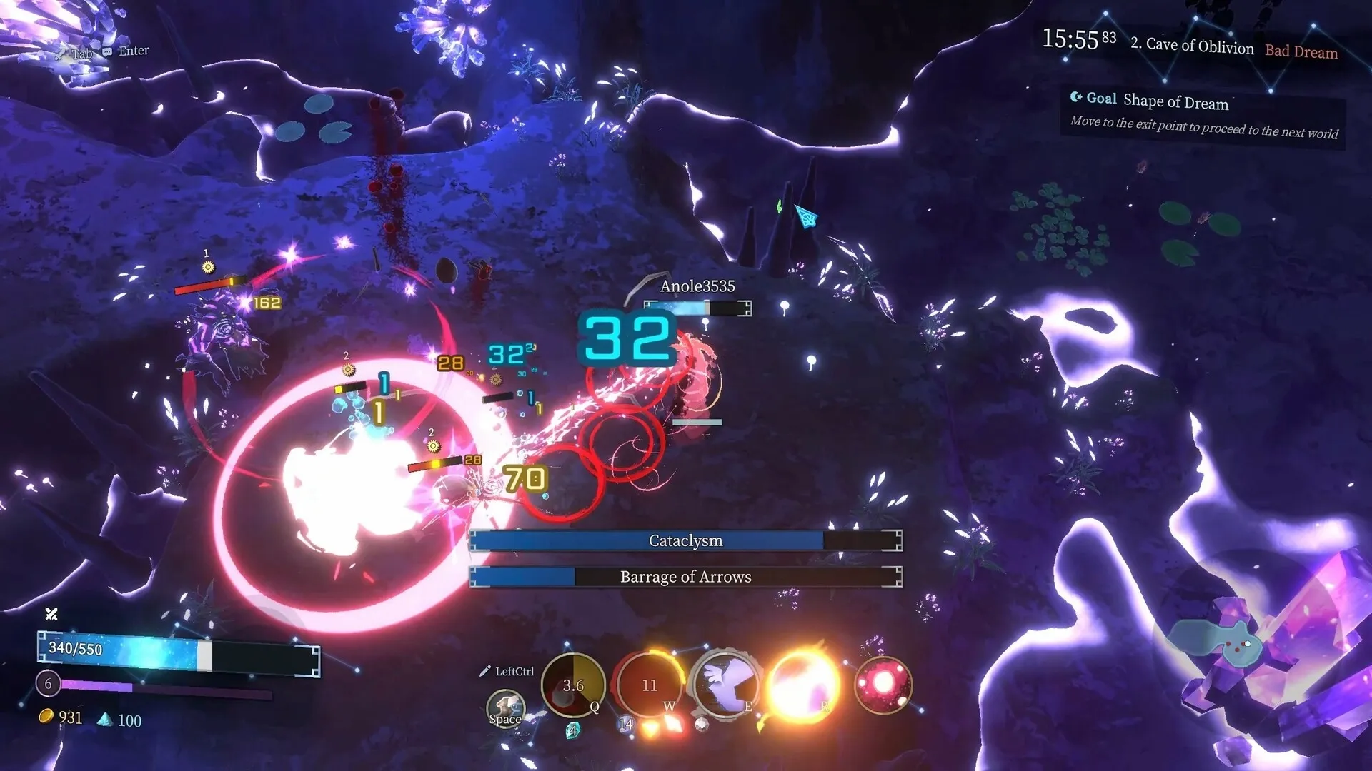 Shape of Dreams: Player Anole3535 in combat using abilities in glowing cave environment