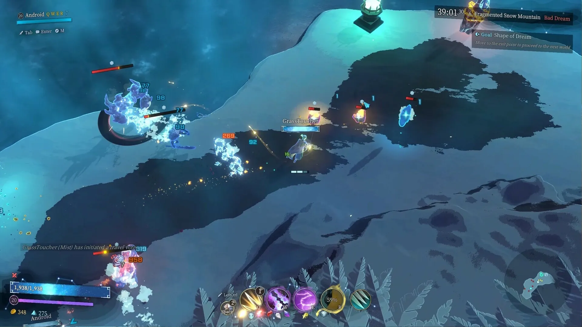 Shape of Dreams: Combat with glowing enemies on icy terrain, player health and abilities visible