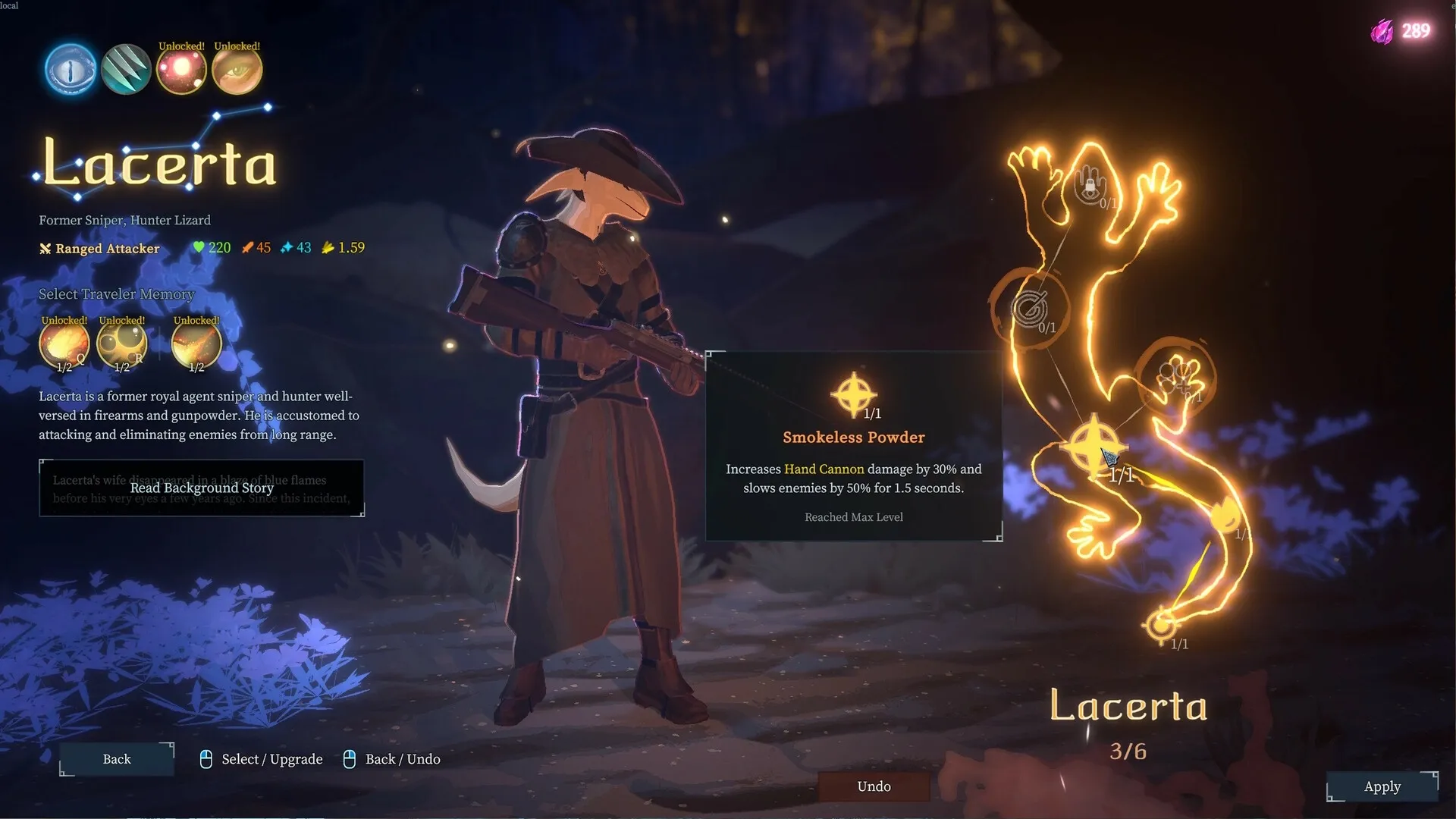 Shape of Dreams: Lacerta character selection with skill tree and Smokeless Powder upgrade options