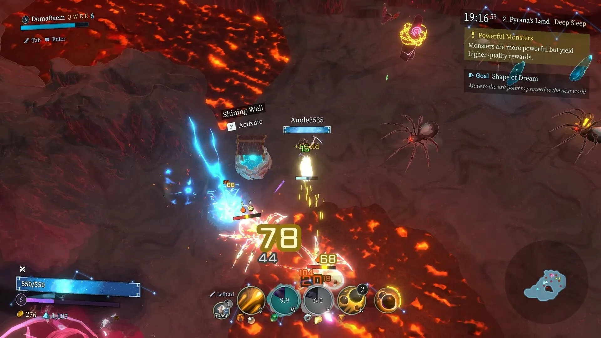 Shape of Dreams: Players battle giant spiders near a Shining Well in a lava-filled cavern environment