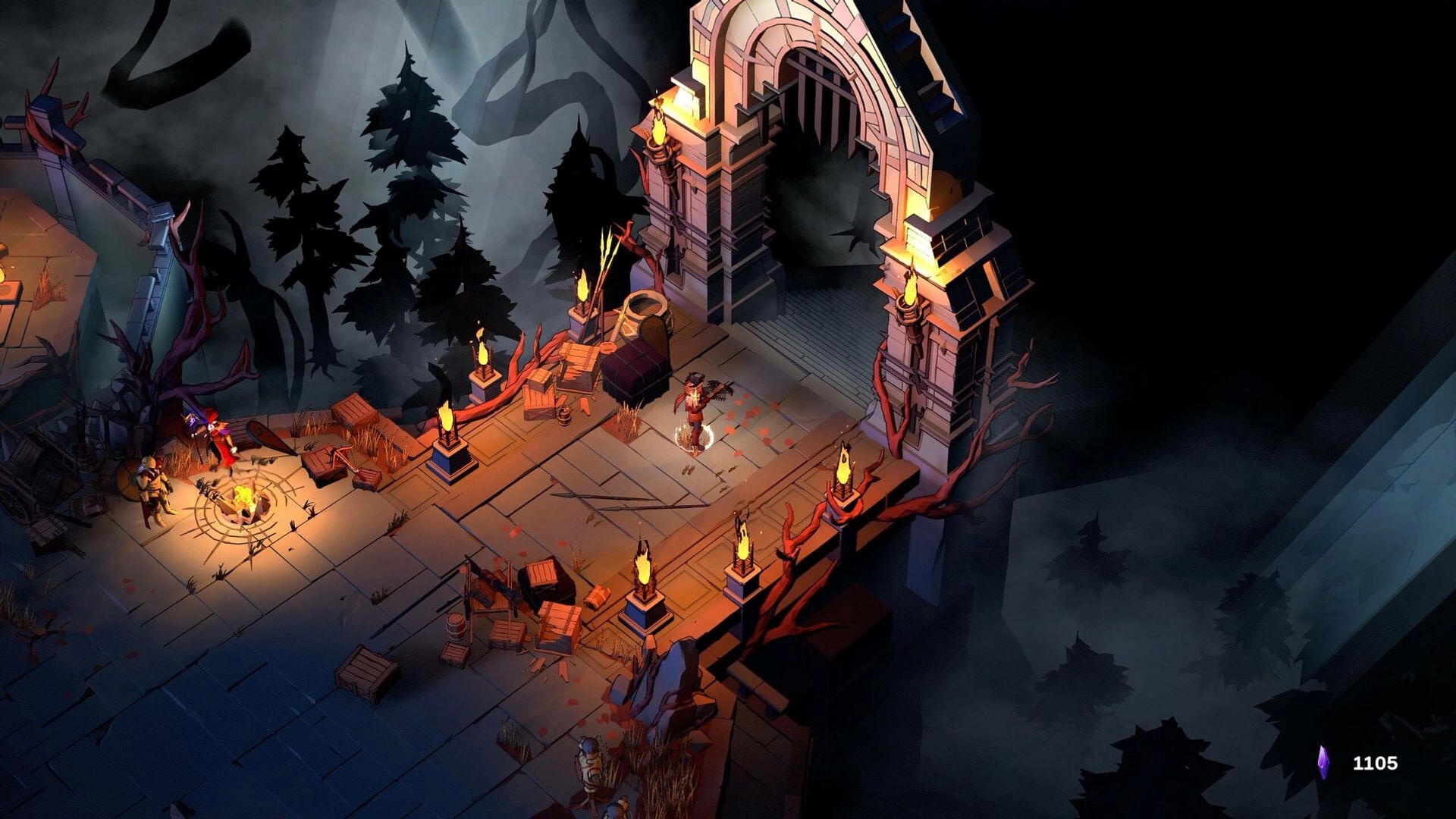 Shardbreakers: Character near ancient gate with torches, surrounded by misty forest and scattered crates.