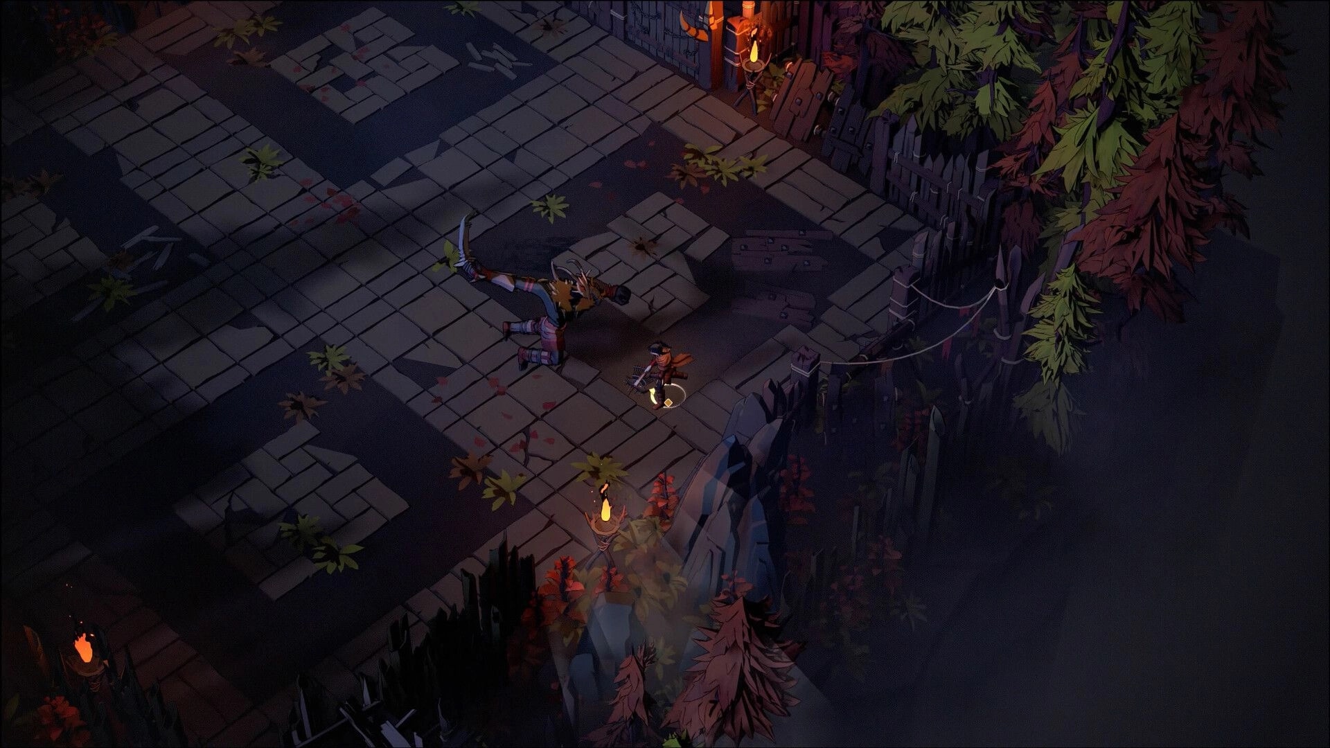 Shardbreakers: Hero battles enemy in shadowy forest clearing with cobblestone path and torches.