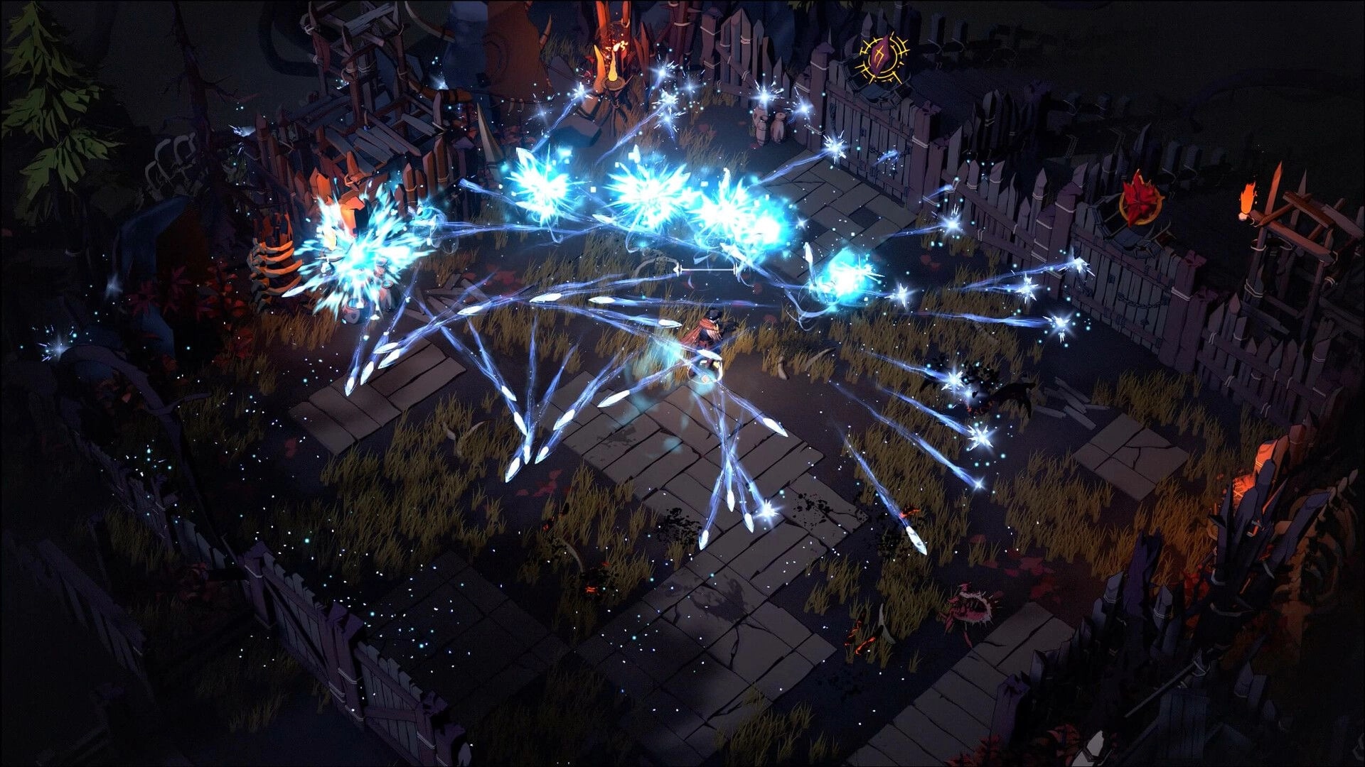 Shardbreakers: Player unleashes magical projectiles in a dark, overgrown fortress courtyard environment.