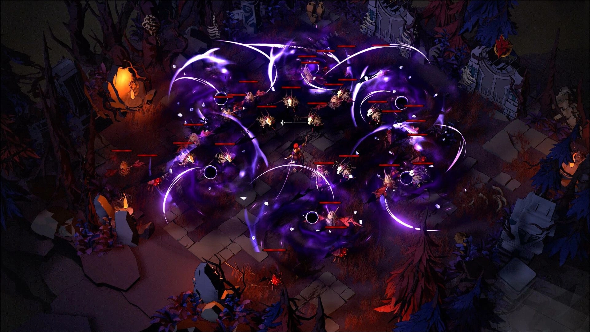 Shardbreakers: Hero battles enemies surrounded by swirling purple magic in a dark, enchanted forest.