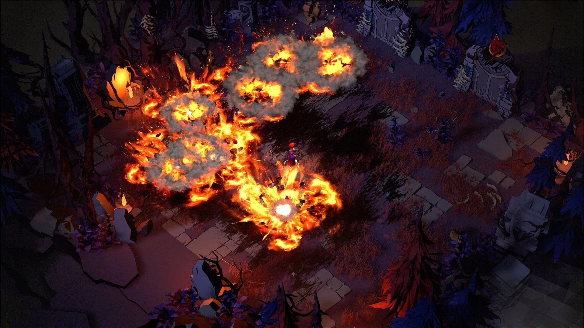 Shardbreakers: Hero dodging fiery explosions in a dark, enchanted forest with ancient ruins nearby
