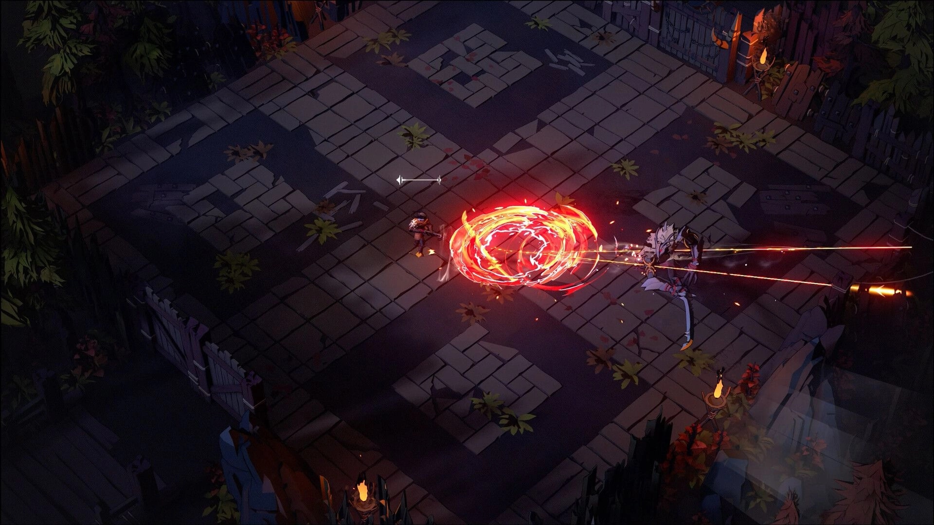 Shardbreakers: Intense combat with fiery magic attack in a dark forest-themed arena with tiled floor