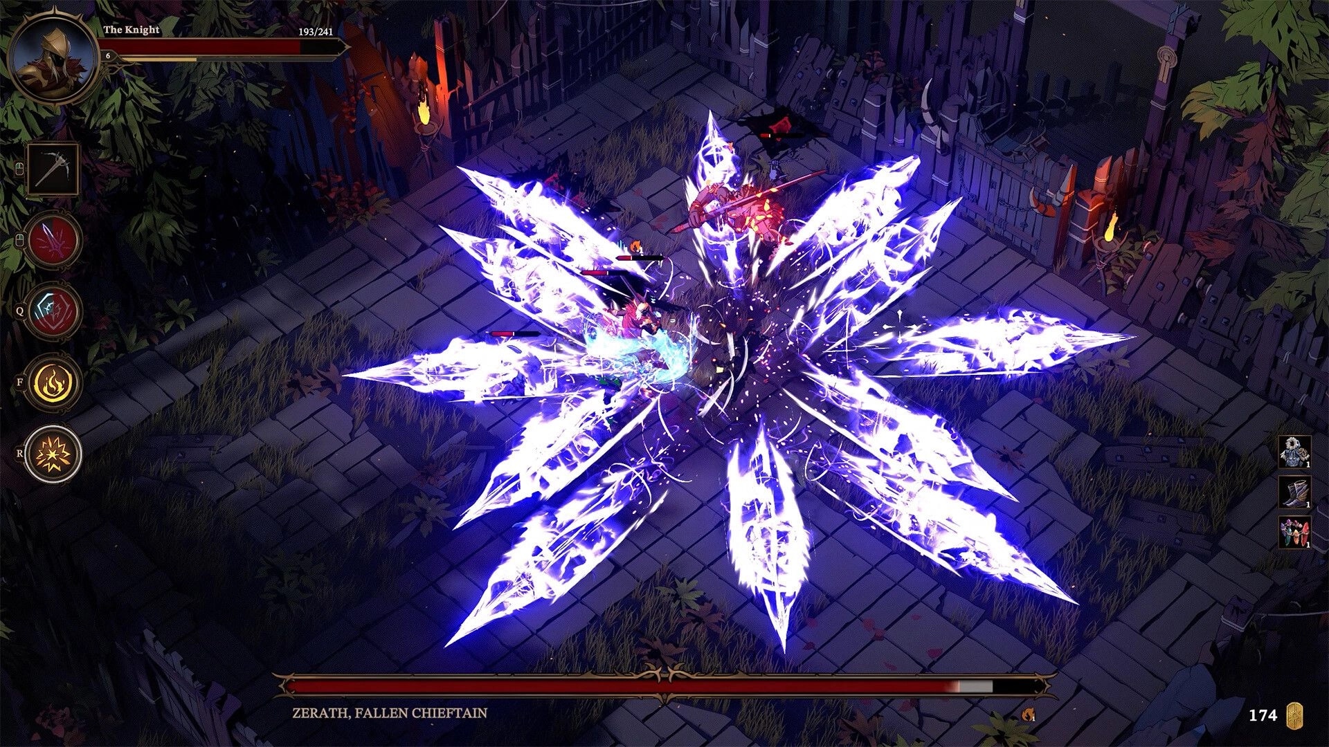 Shardbreakers: The Knight battles Zerath in a forest arena with glowing shard powers and health bar UI.