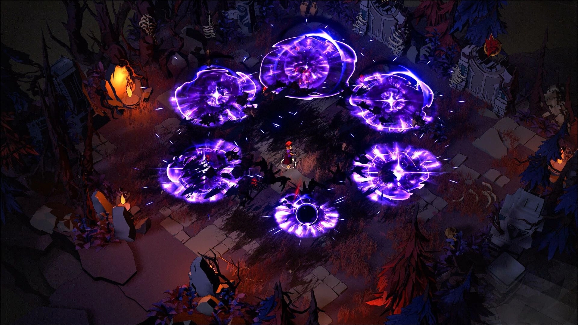 Shardbreakers: Hero battling purple energy portals in a dark, enchanted forest setting.