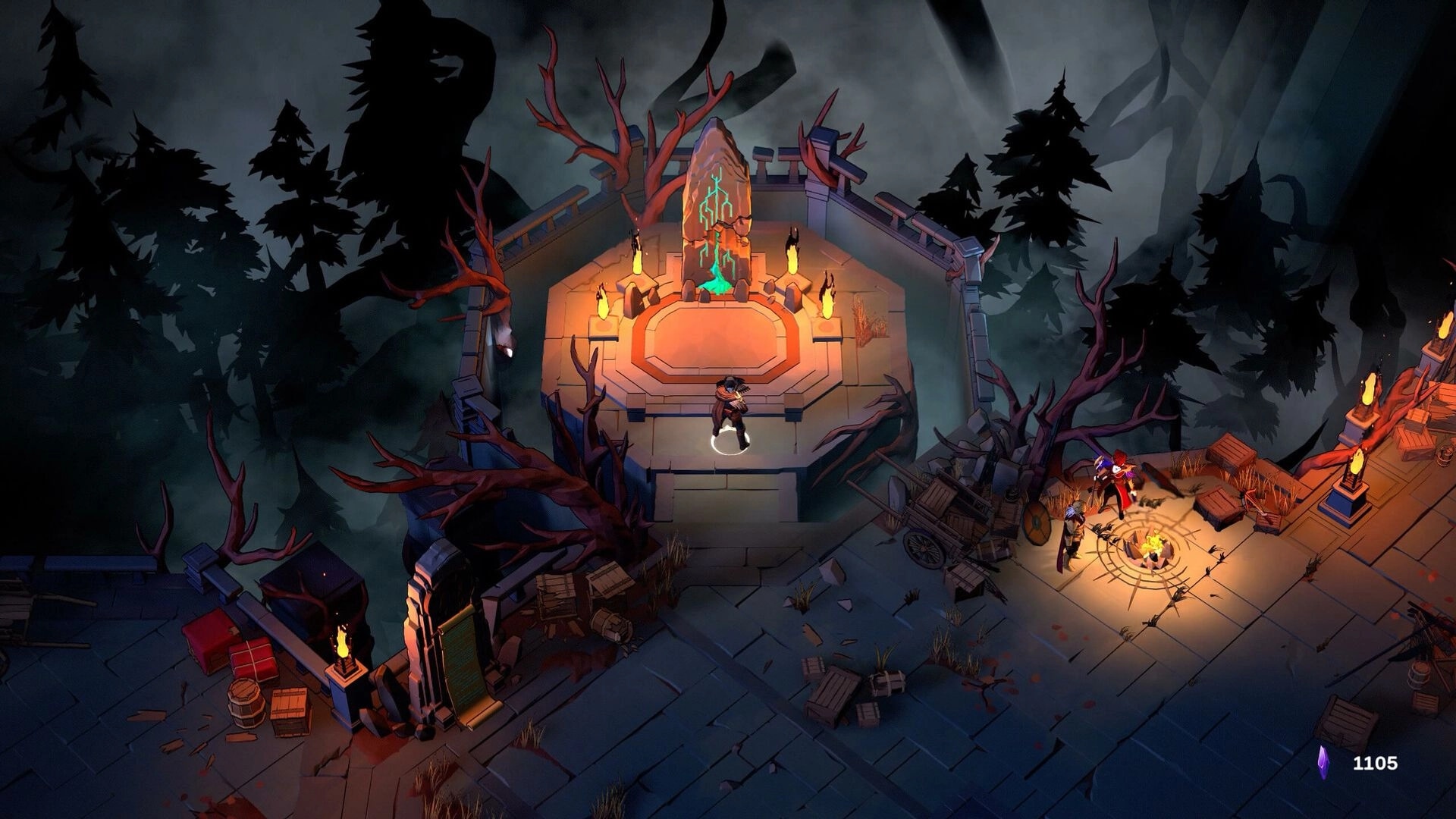 Shardbreakers: Hero near glowing altar in eerie forest ruins with shadowy trees and scattered debris