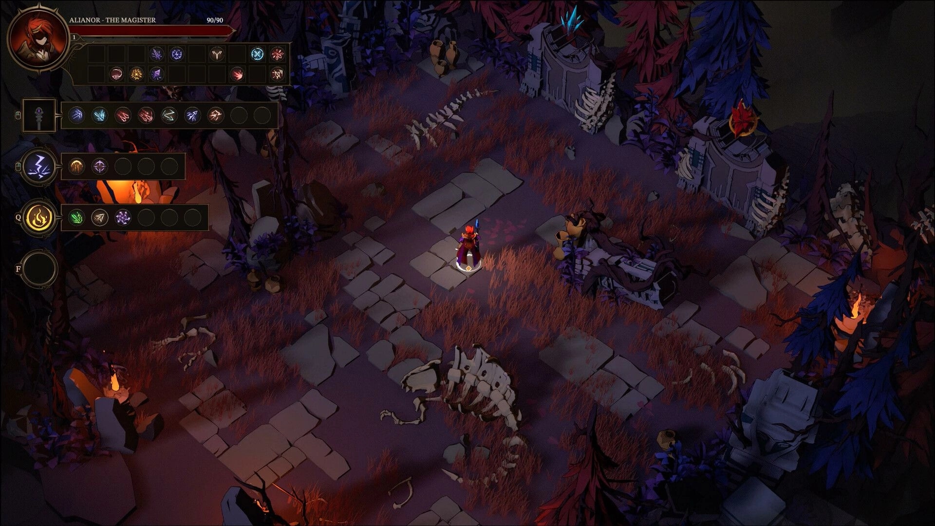 Shardbreakers: Alianor exploring a dark forest with skeletal remains, displaying spell selection UI