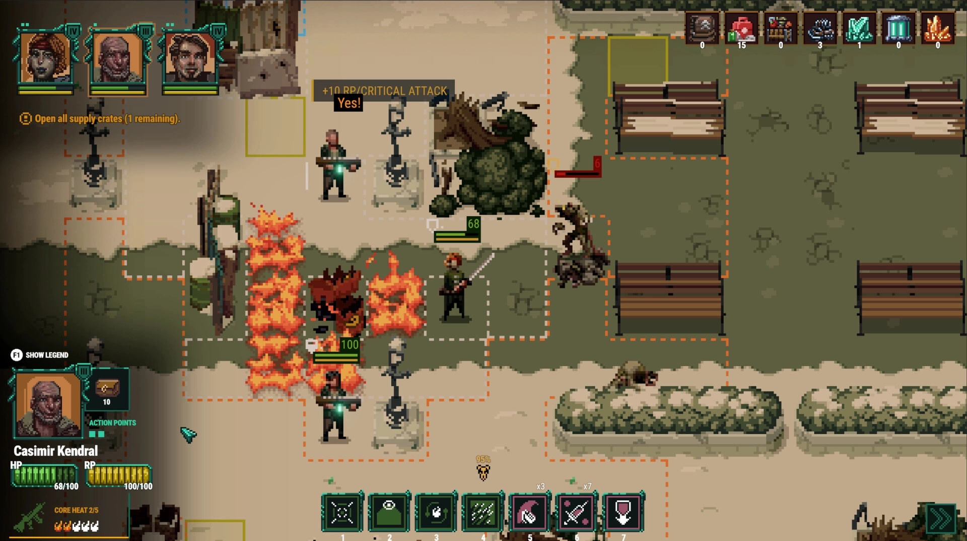 Shardpunk 2: Turn-based firefight with soldiers and mutants amid burning cover in a ruined park grid map.