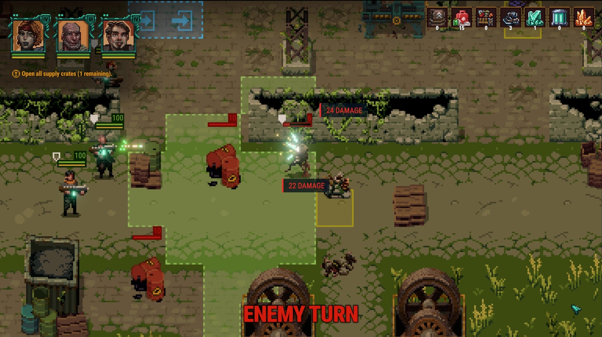 Shardpunk 2: Enemy turn firefight with damage numbers on a grid map among ruins and crates.