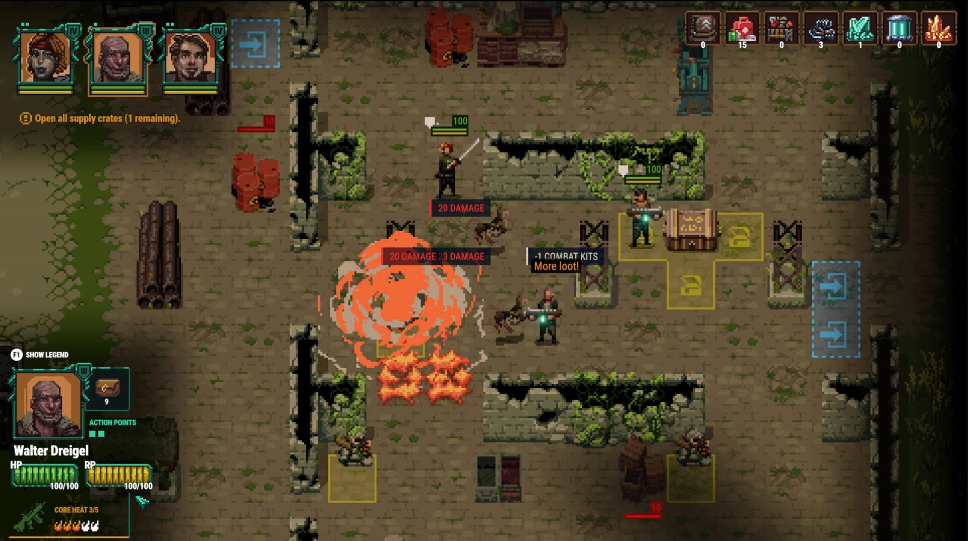 Shardpunk 2: Explosion hits enemies for 20-23 damage near loot crate in ruined courtyard combat UI.
